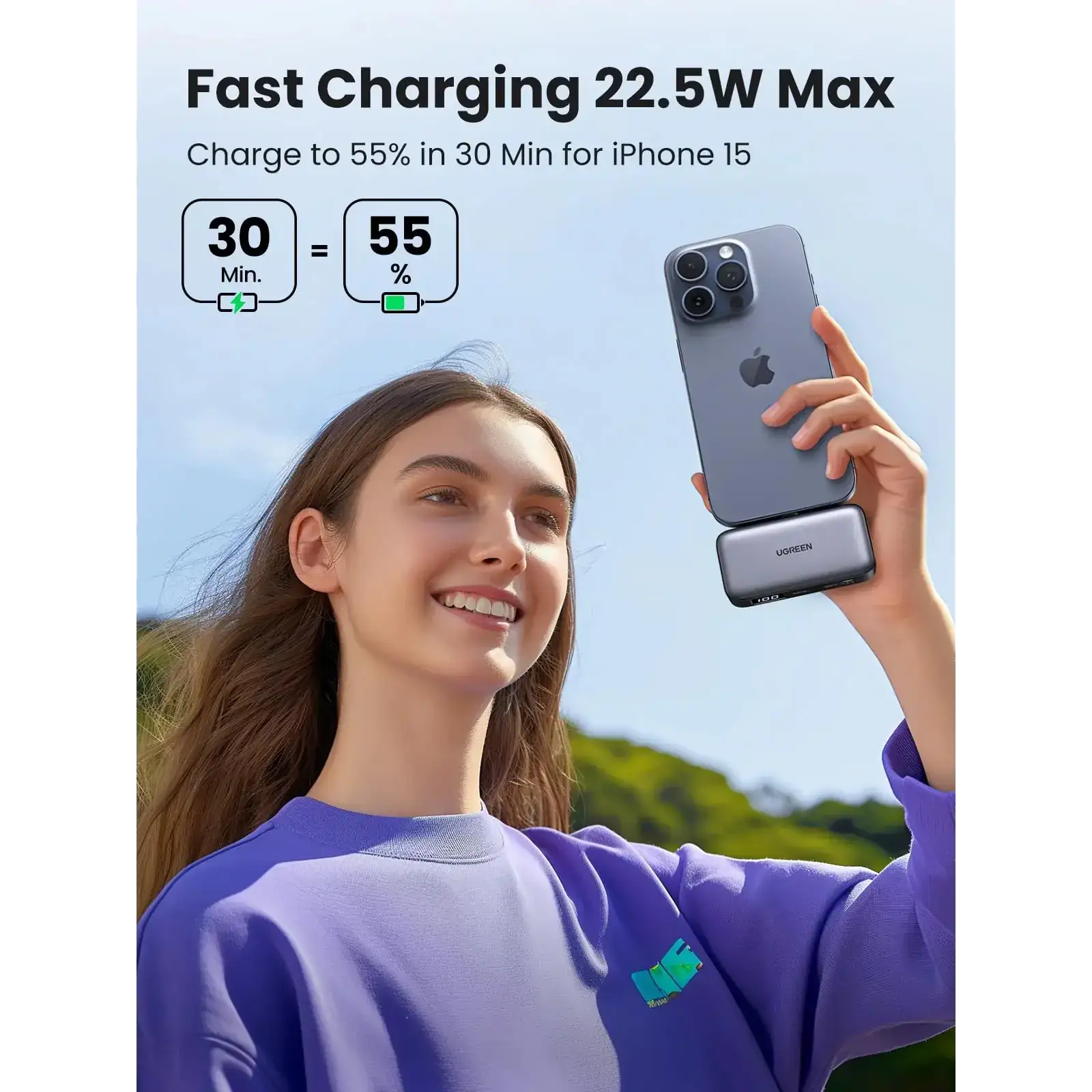 Зовнішній акумулятор Ugreen 5000mAh 22,5W USB-C In/Out, with build-in Type-C connector (PB503) сірий (35338) UA