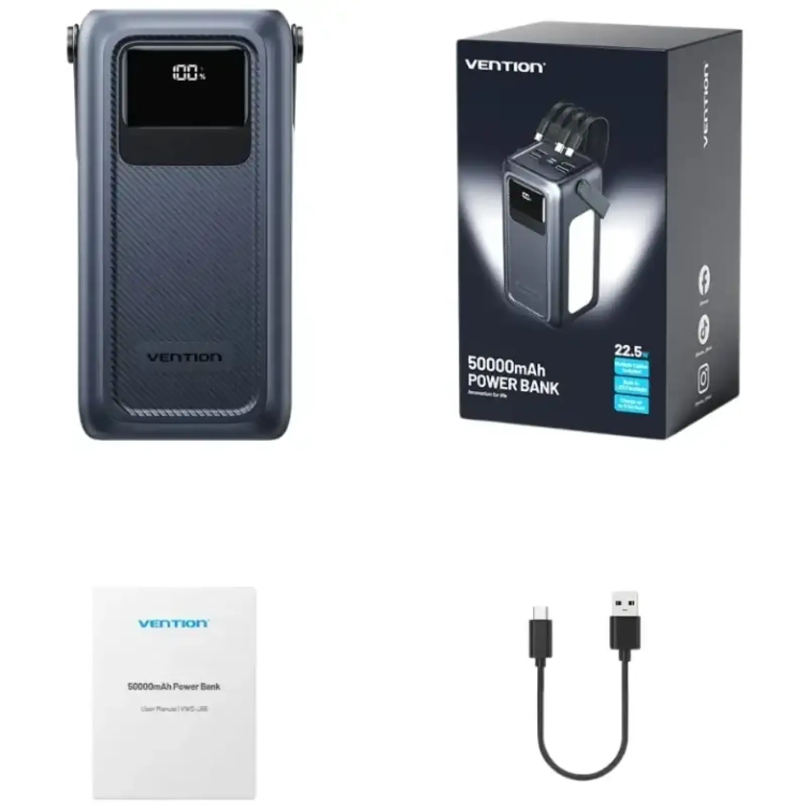 Зовнішній акумулятор Vention 50000mAh 22,5W PD,QC, 4xUSB-A/Micro-B/USB-C/ with Built-in cables Gray (FKWH0) UA