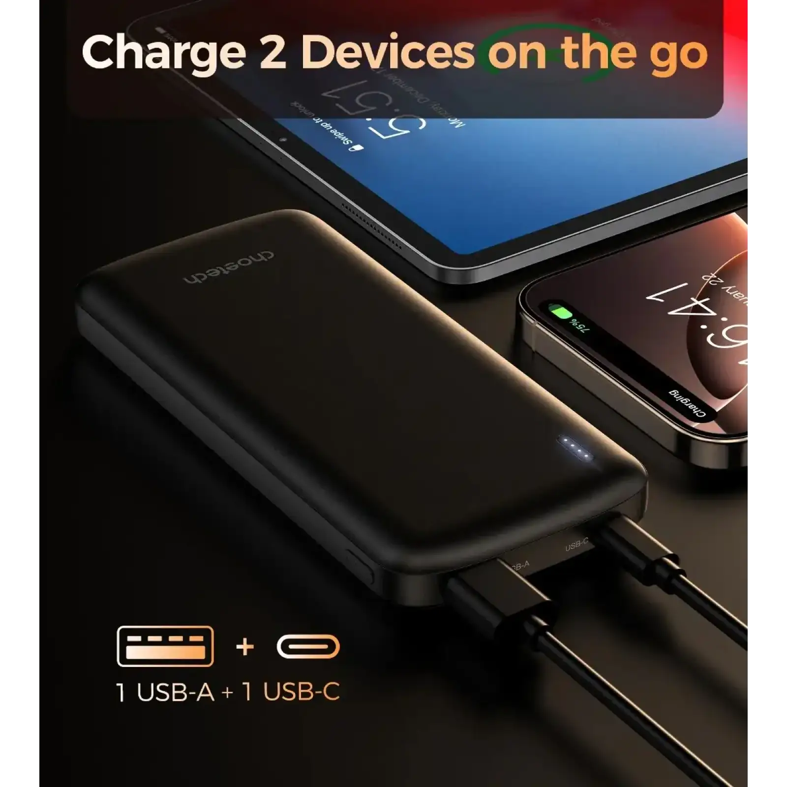 Зовнішній акумулятор Choetech 10000mAh 12W USB-A,USB-C чорна (B850-ACBK) UA