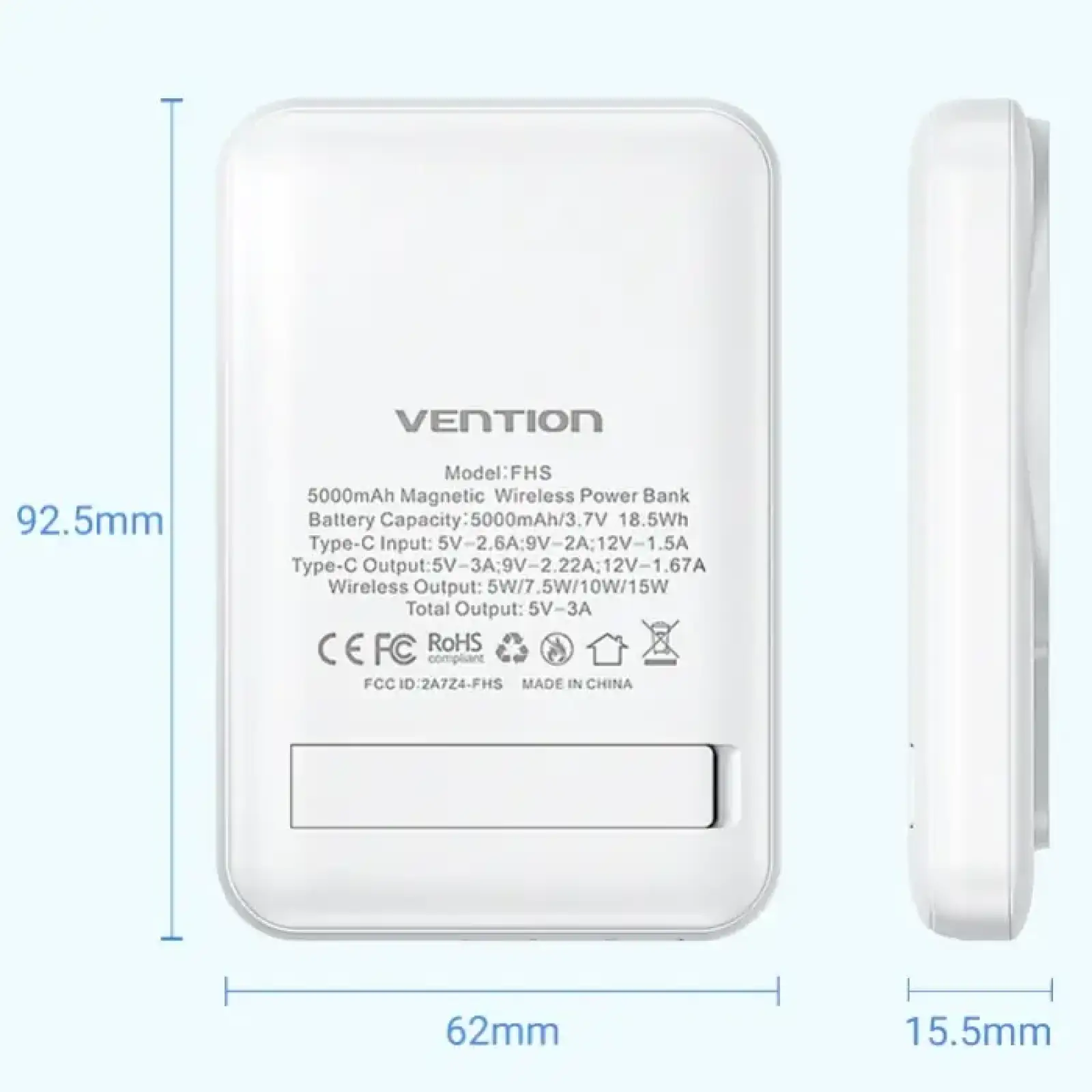 Зовнішній акумулятор Vention Magnetic Wireless 5000mAh 20W 3A, PD USB-C In/Out ,Light Indicator, White (FHSW0) UA