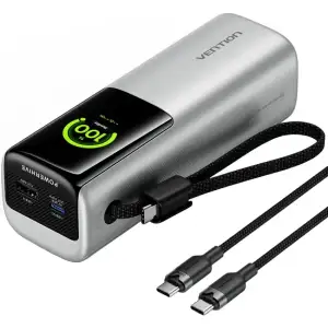 Зовнішній акумулятор Vention 20000mAh 165W PD3.1, USB-A, USB-C In/Out, with Built-in USB-C cable, TFT Display, Silver (FKFI0) UA