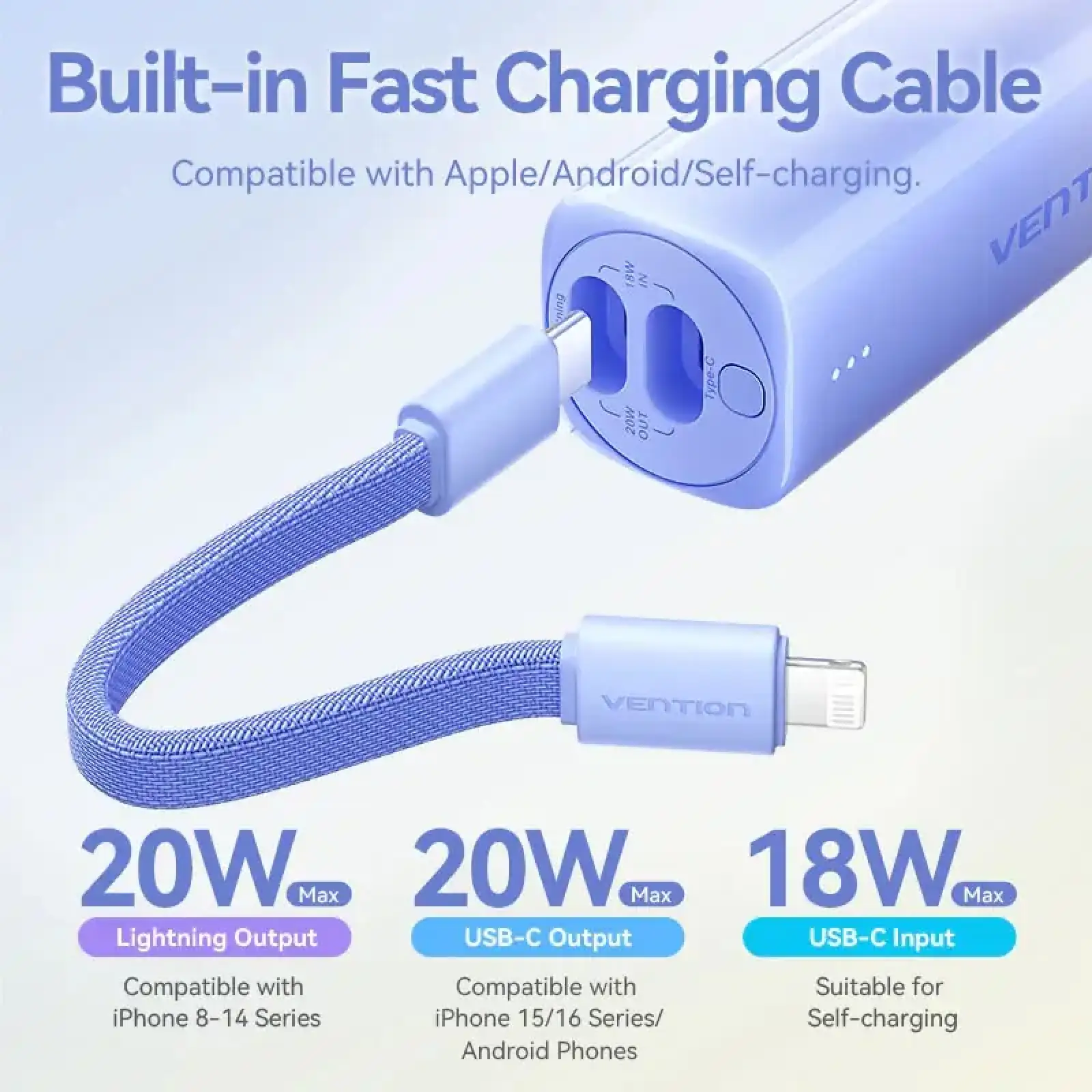 Внешний аккумулятор Vention 5000mAh 20W PD, USB-C In/Out, Lightning In/Out, with cable, Gradient Red (FHWR0) UA