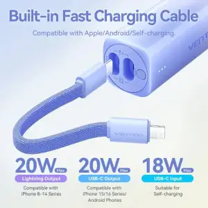 Внешний аккумулятор Vention 5000mAh 20W PD, USB-C In/Out, Lightning In/Out, with cable, Gradient Red (FHWR0) UA