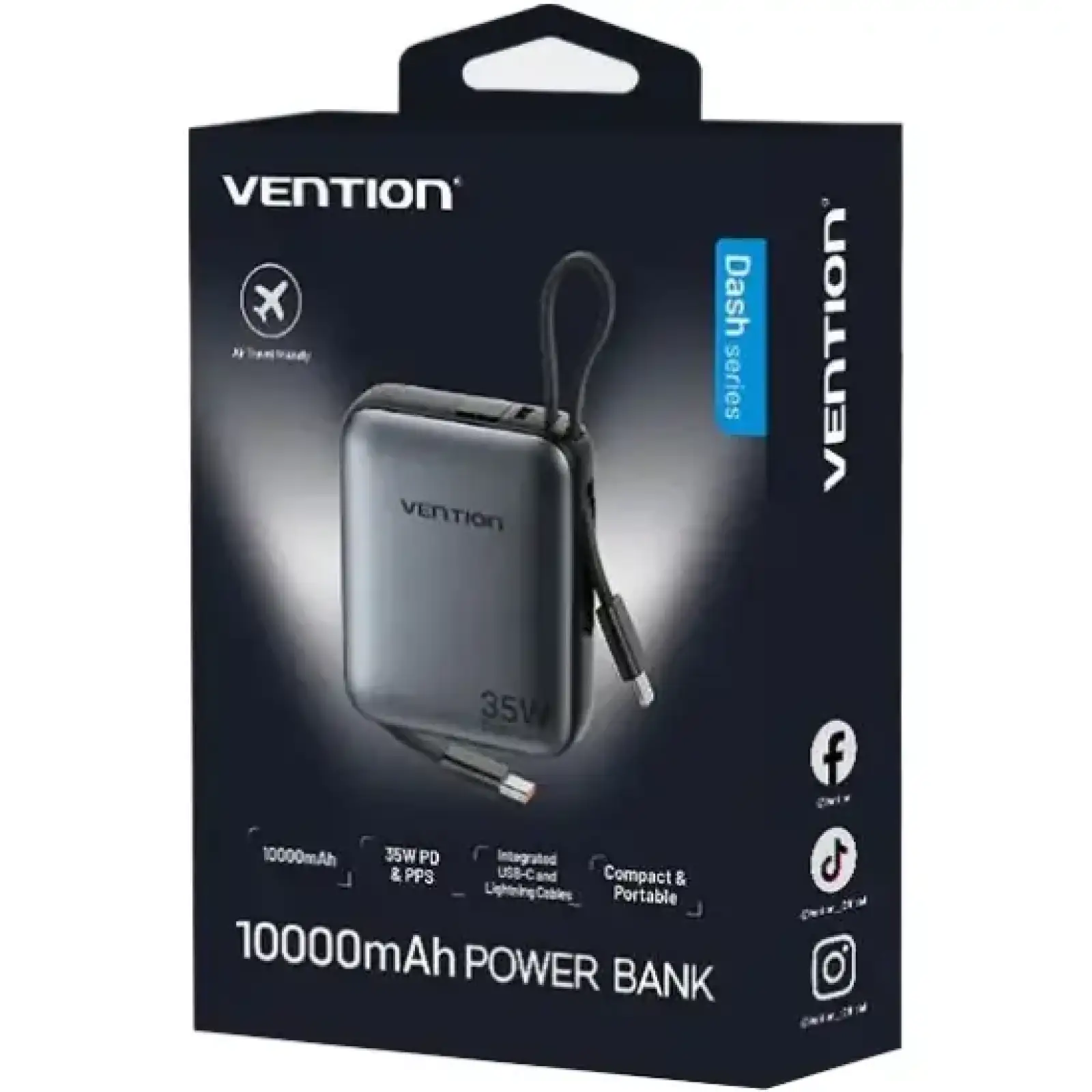 Зовнішній акумулятор Vention 10000mAh 35W PD, USB-C In/Out, built-in USB-C, Lightning Cables, LED Display, Gray (FHFH0) UA