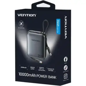 Зовнішній акумулятор Vention 10000mAh 35W PD, USB-C In/Out, built-in USB-C, Lightning Cables, LED Display, Gray (FHFH0) UA