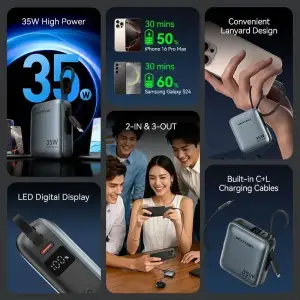 Зовнішній акумулятор Vention 10000mAh 35W PD, USB-C In/Out, built-in USB-C, Lightning Cables, LED Display, Gray (FHFH0) UA