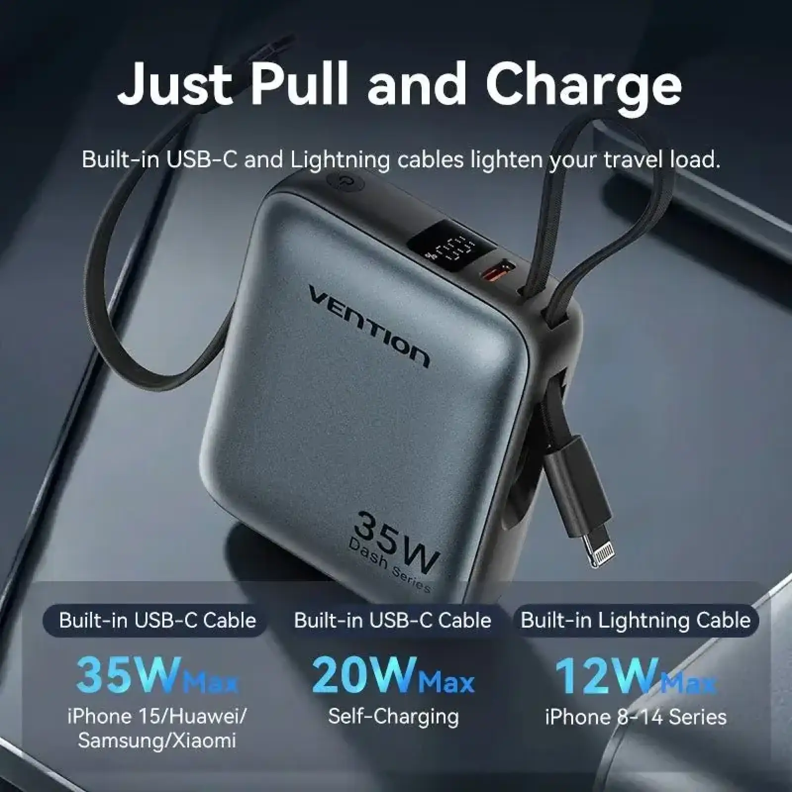 Зовнішній акумулятор Vention 10000mAh 35W PD, USB-C In/Out, built-in USB-C, Lightning Cables, LED Display, Gray (FHFH0) UA