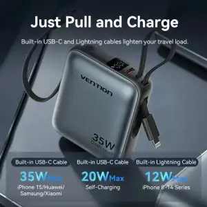 Зовнішній акумулятор Vention 10000mAh 35W PD, USB-C In/Out, built-in USB-C, Lightning Cables, LED Display, Gray (FHFH0) UA
