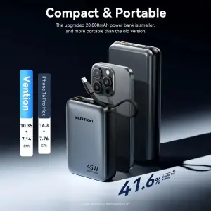 Зовнішній акумулятор Vention 20000mAh 45W PD3.1, USB-A, USB-C In/Out, with Built-in USB-C cable Beige (FHGN0) UA