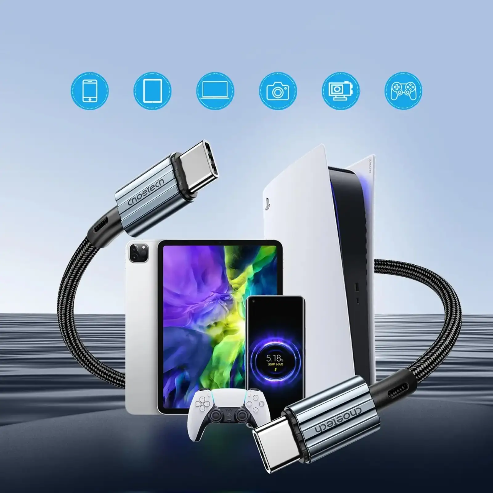 Кабель USB 2.0 Type-C M-M, 1,2 м, 60W обплетення, чорний Choetech (XCC-1014) UA