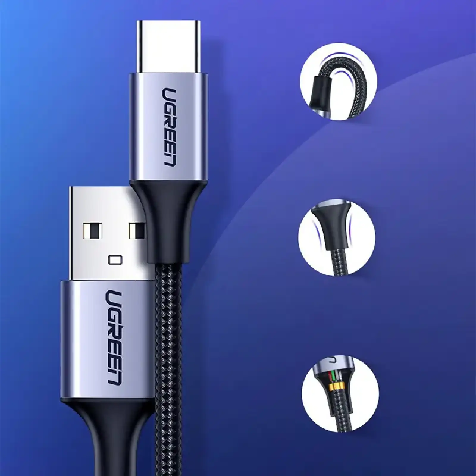 Кабель USB 2.0 AM-Type-C M, 1.5 м, 60W Nickel Plating Aluminum Braid Чорний, US288 UGREEN (60127) UA