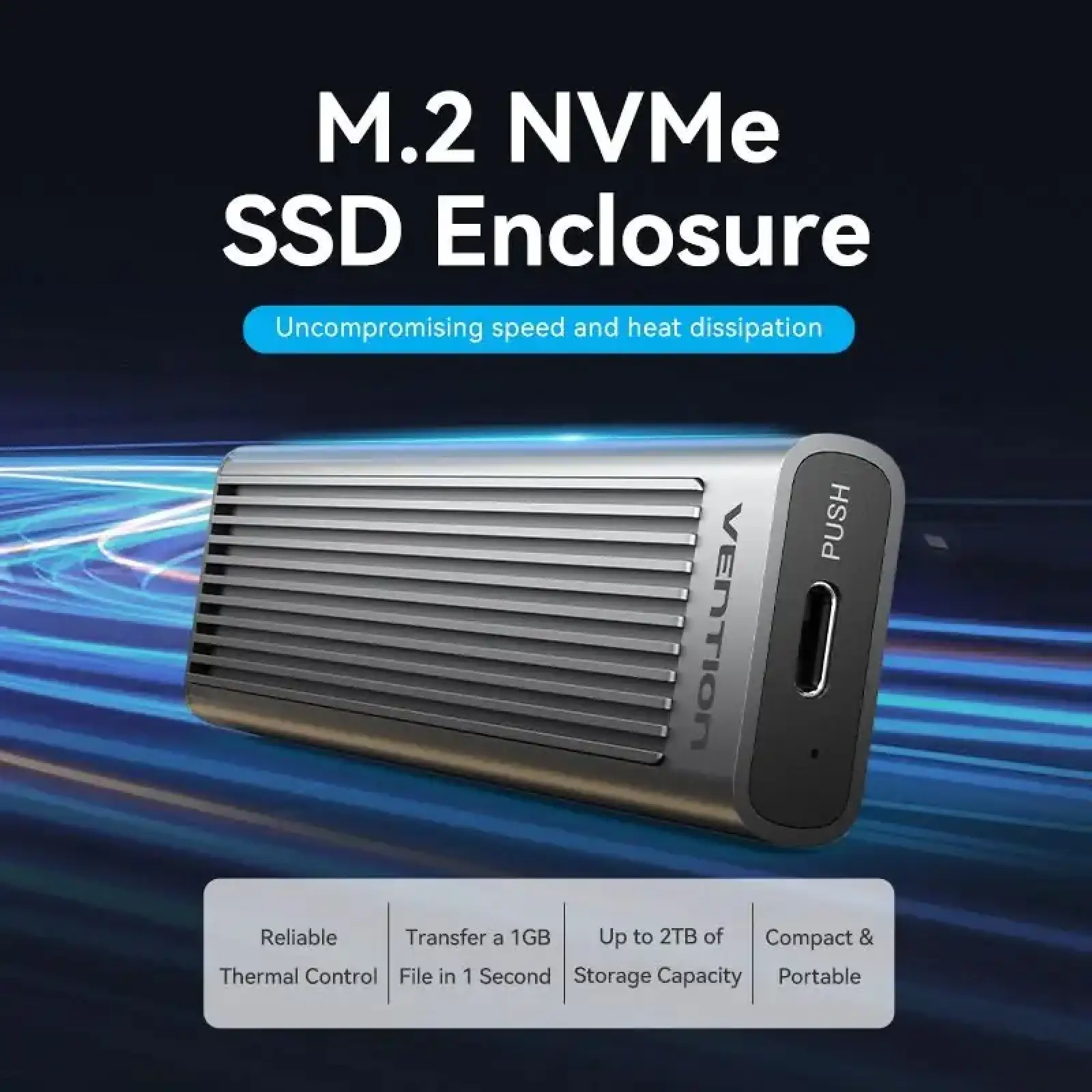 Зовнішня кишеня для SSD M.2 (NVME) M-key USB Type-C 3.2 10Gbps Heat Sink Aluminum сіра Vention (KPKH0) UA