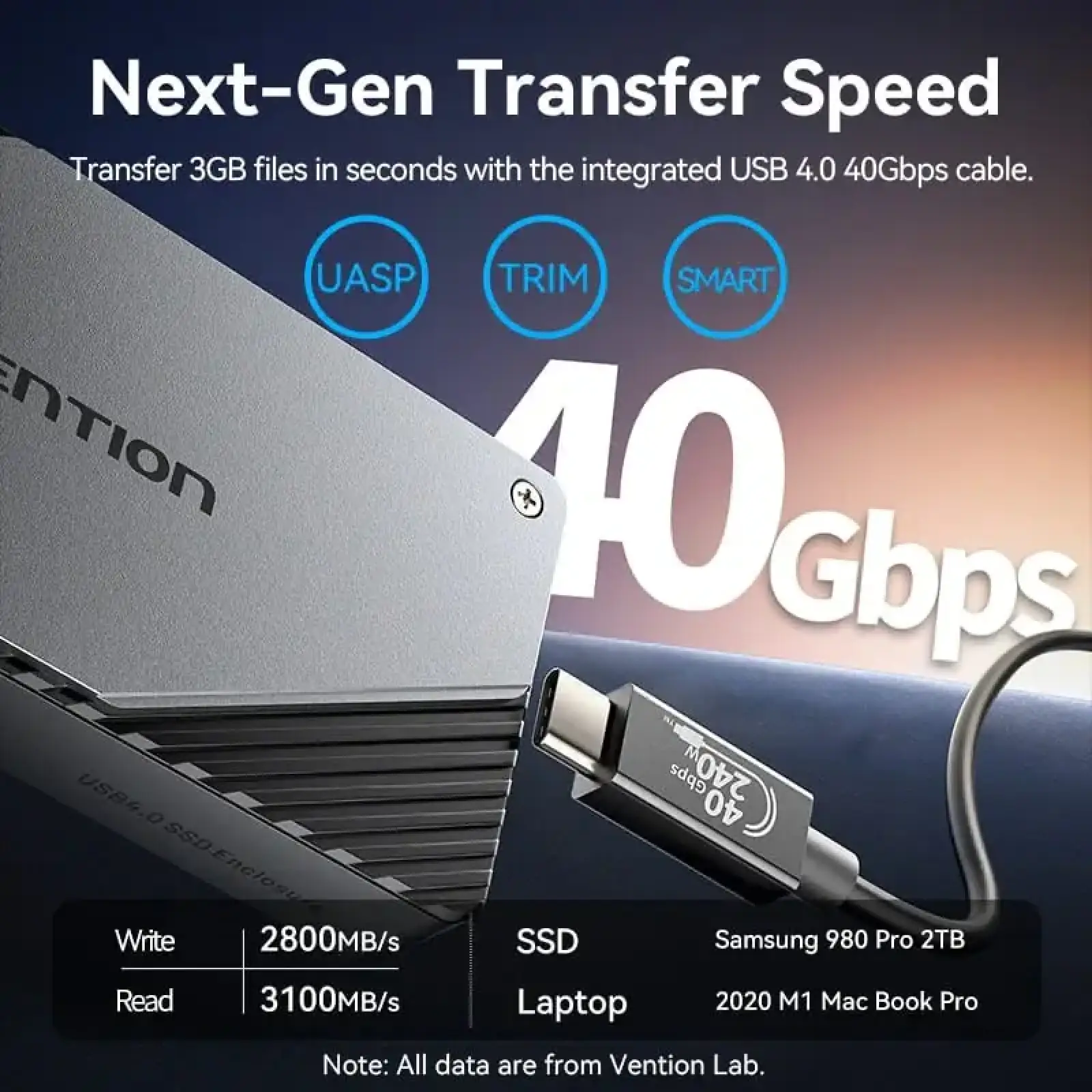 Зовнішня кишеня для SSD M.2 (NVME) B&M Key/M Key USB Type-C 4.0, Aluminum Alloy, сіра Vention (KPZH0) UA