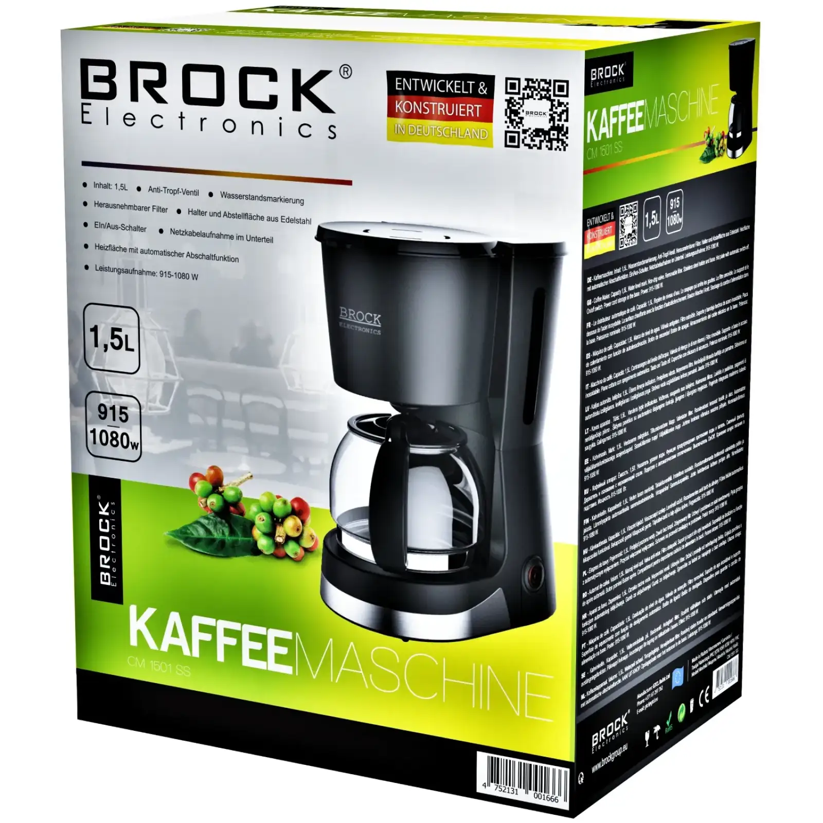 Кавоварка BROCK CM 1501 SS крапельна/ 1.5л/ 915-1080 Вт/ мелена/ чорнa UA