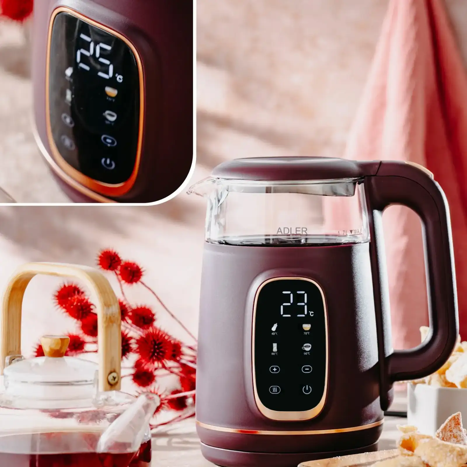 Електрочайник Adler AD 1305 burgundy 1850-2200Вт/ 1.7л/ скло/ встановлення температури/ (AD1305BU) UA