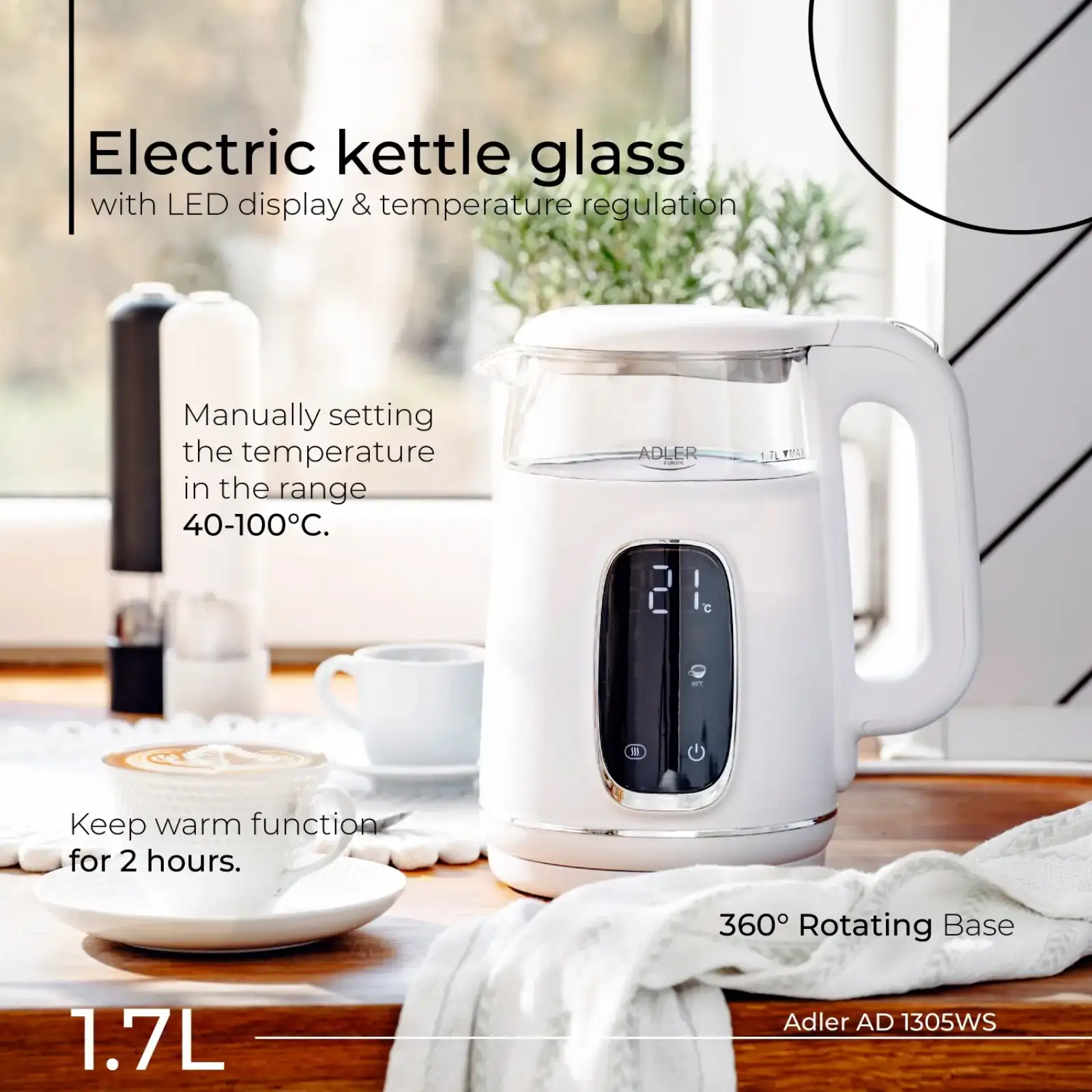 Електрочайник Adler AD 1305 white silver (AD1305WS) UA