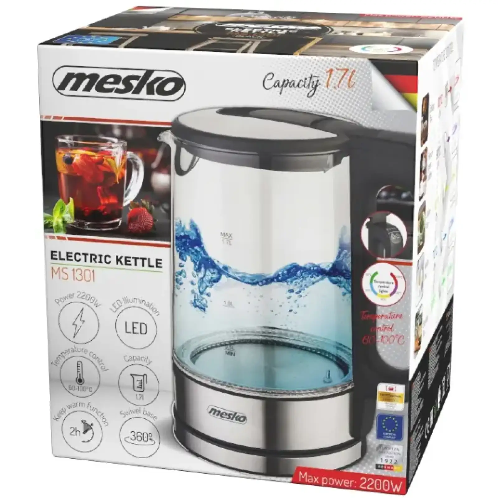 Електрочайник Mesko MS 1301 black 1850-2200Вт/ 1.7л/ скло/ встановлення температури (MS1301B) UA