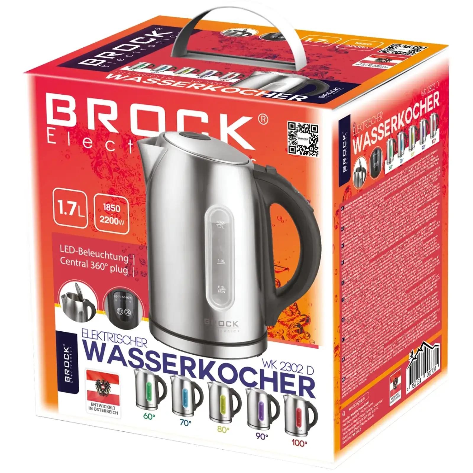 Електрочайник BROCK WK 2302 D 1850-2200Вт/ 1.7л/ встановлення температури нагріву/нерж.сталь (WK2302D) UA