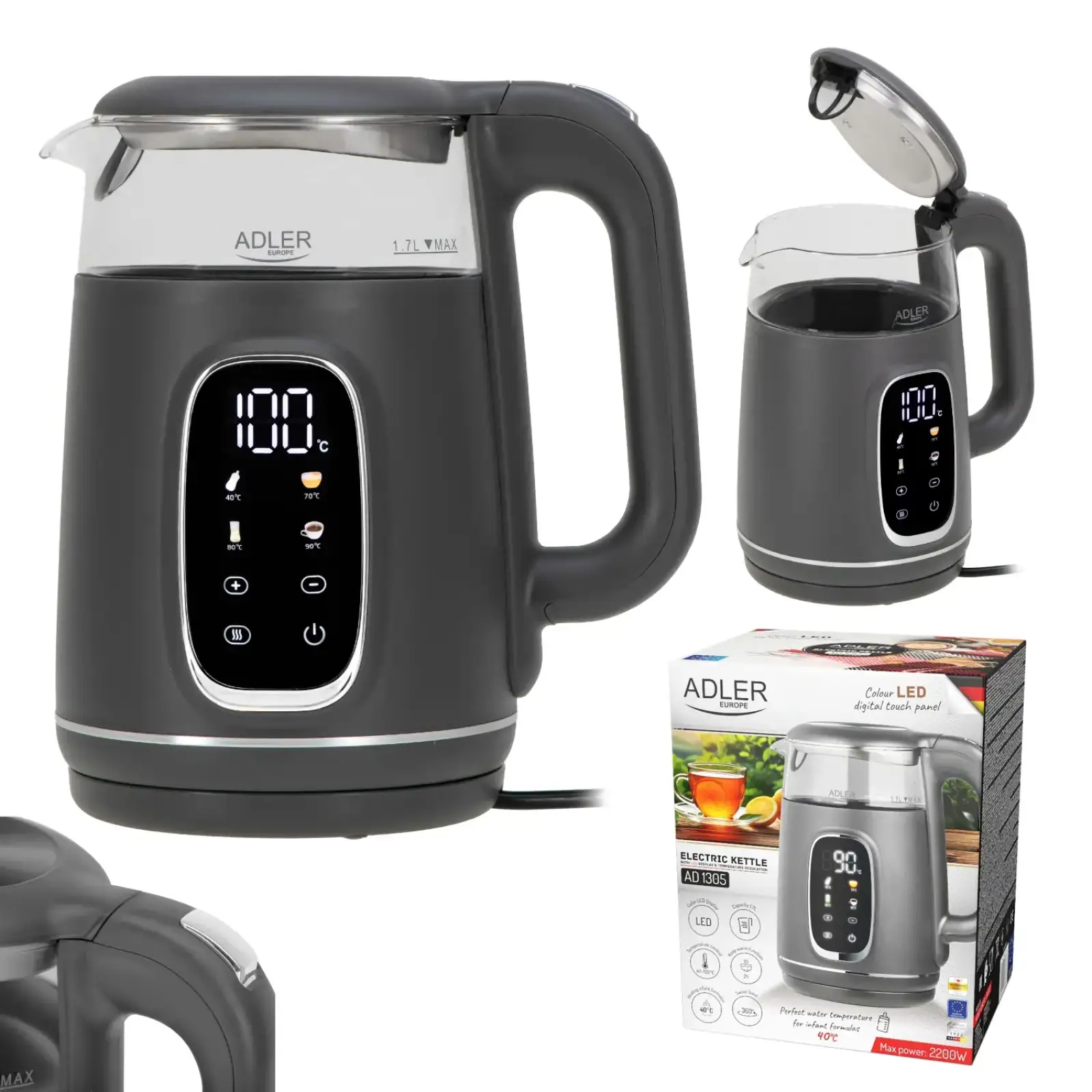Електрочайник Adler AD 1305 grey 1850-2200Вт/ 1.7л/ скло/ встановлення температури/ (AD1305GS) UA