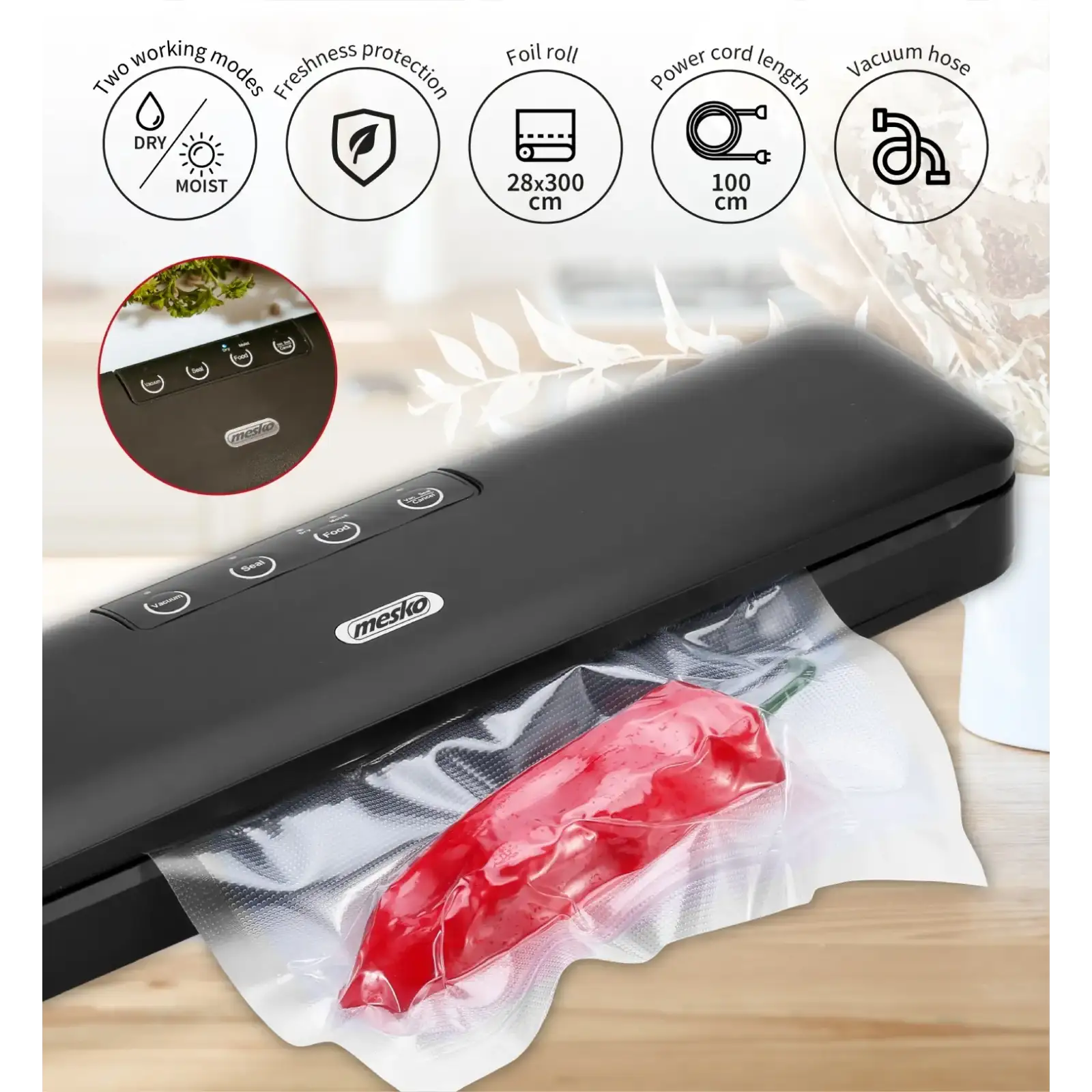 Вакууматор Mesko MS 4492 для пакетів,рулонів та контейнерів/ 95Вт/ 30см/ ел. керування/ чорний (MS4492) UA