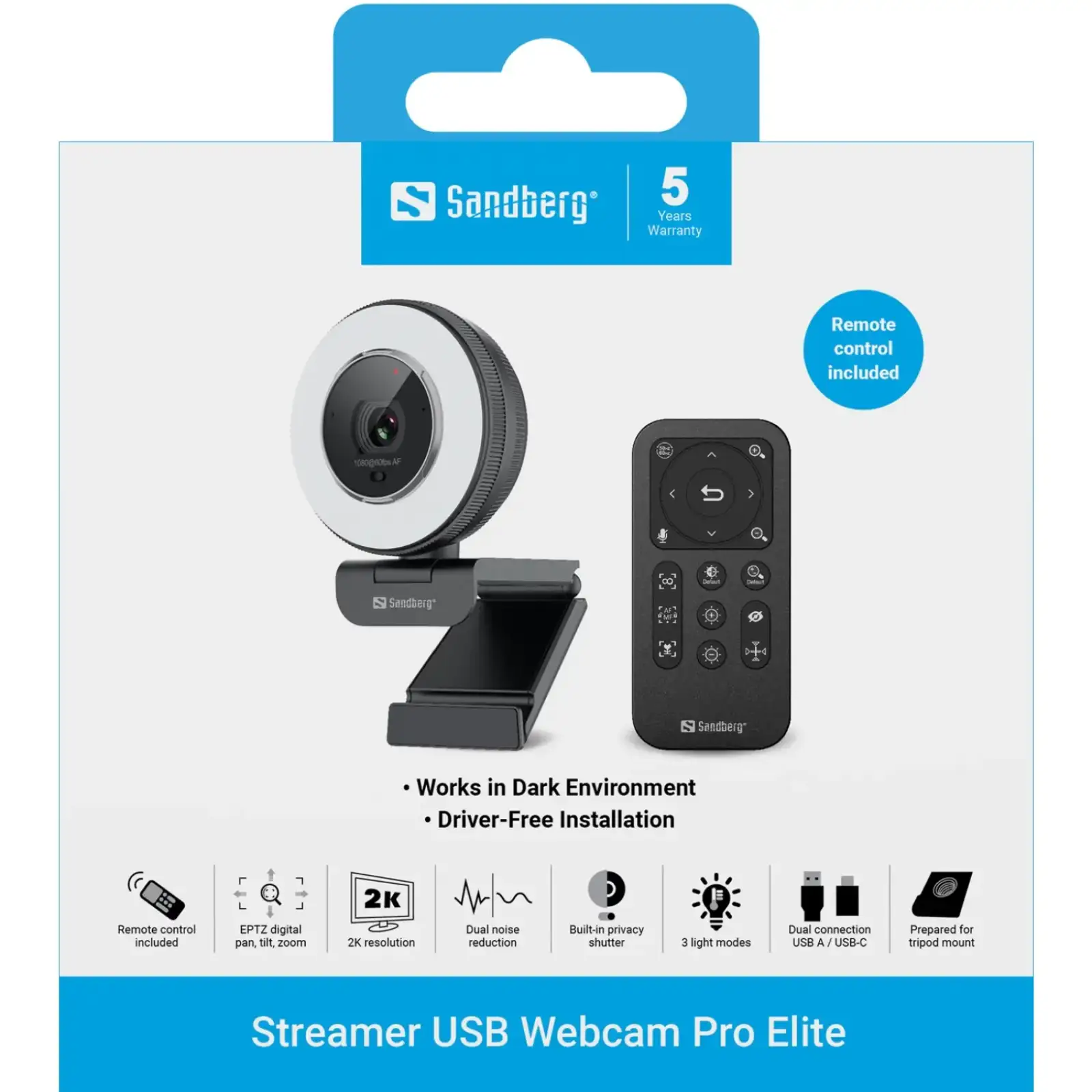 Веб-камера Sandberg Streamer USB Webcam Pro Elite Full HD, Remote control, USB-A/USB-C connection (134-39) UA