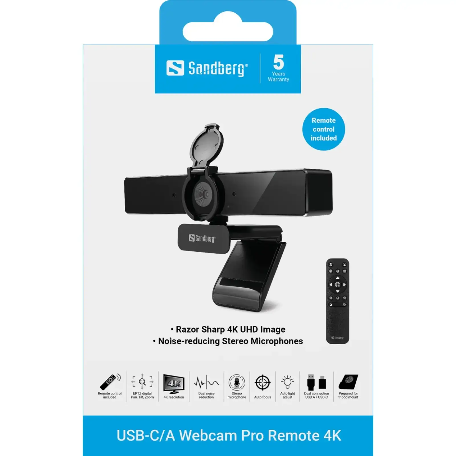 Веб-камера Sandberg 4K Webcam USB-A/USB-C connection, ENC, Remote control (134-45) UA