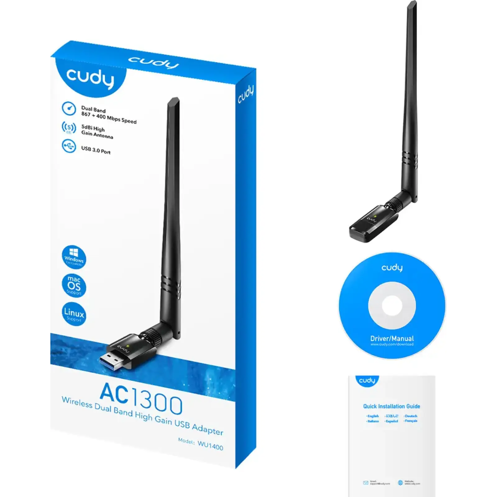 Адаптер WiFi Cudy WU1400, AC1300 Wi-Fi High Gain USB 3.0 Adapter UA