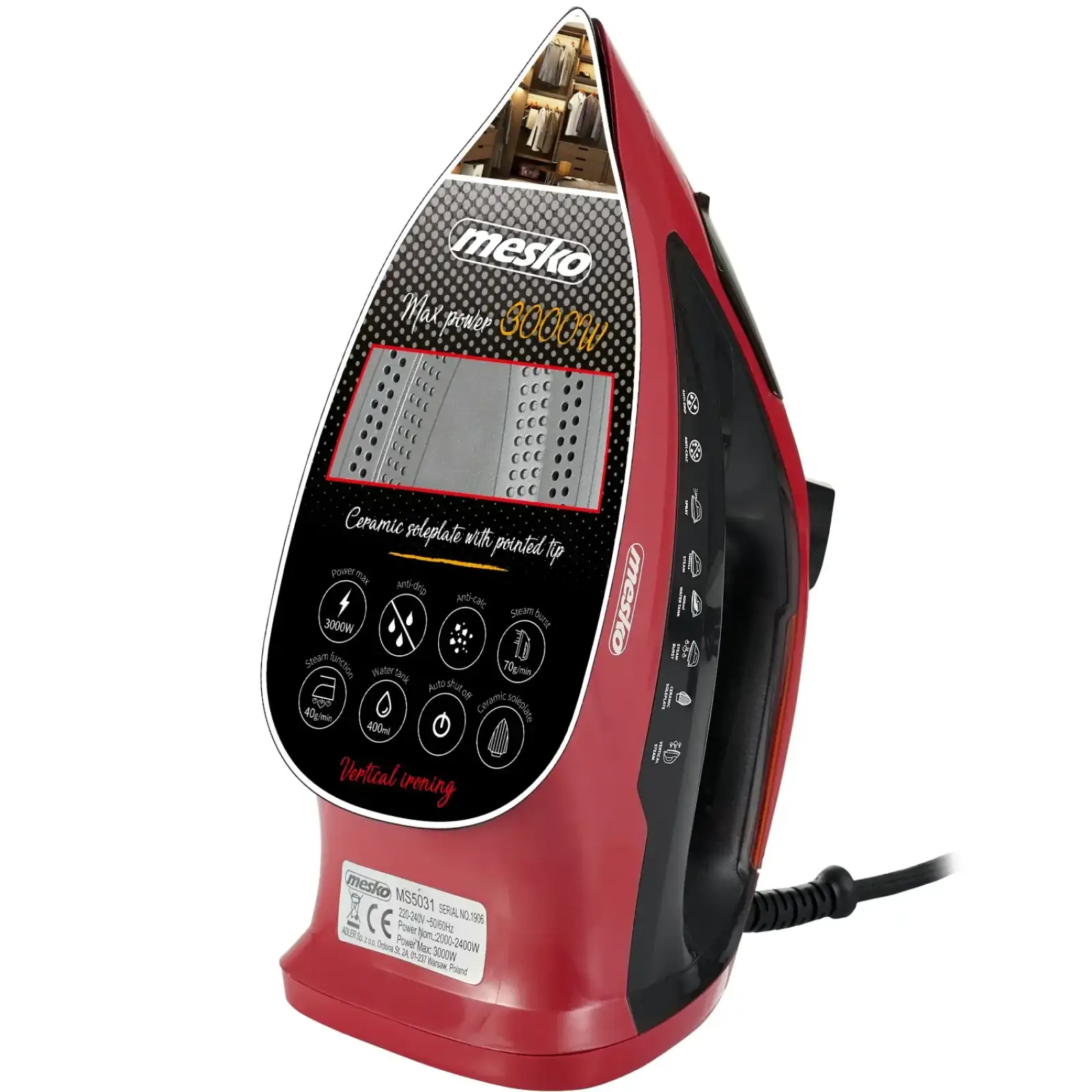 Праска Mesko MS 5031 red 3000Вт/ 400 мл/ кераміка/ ''Крапля-стоп''/автовимкнення/ червона (MS5031) UA