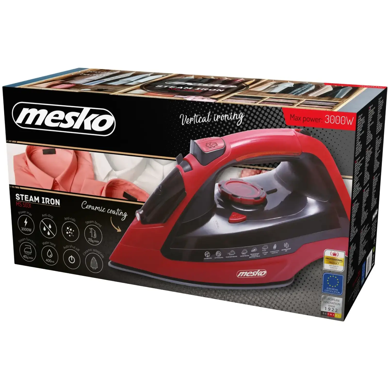 Праска Mesko MS 5031 red 3000Вт/ 400 мл/ кераміка/ ''Крапля-стоп''/автовимкнення/ червона (MS5031) UA