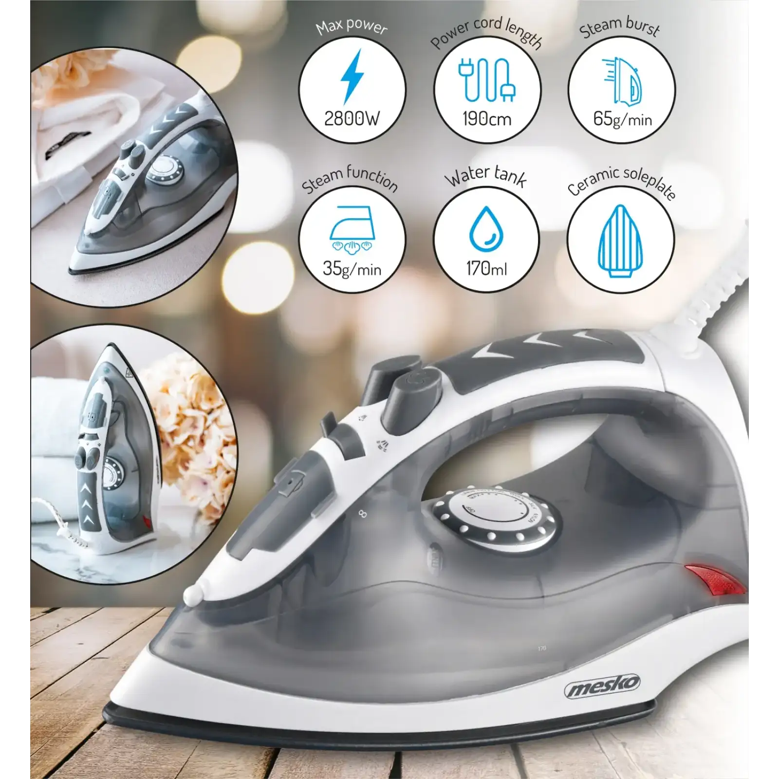 Праска Mesko MS 5037 grey 2800Вт/ 170 мл/ кераміка/ сухе прасування/ сіра (MS5037) UA