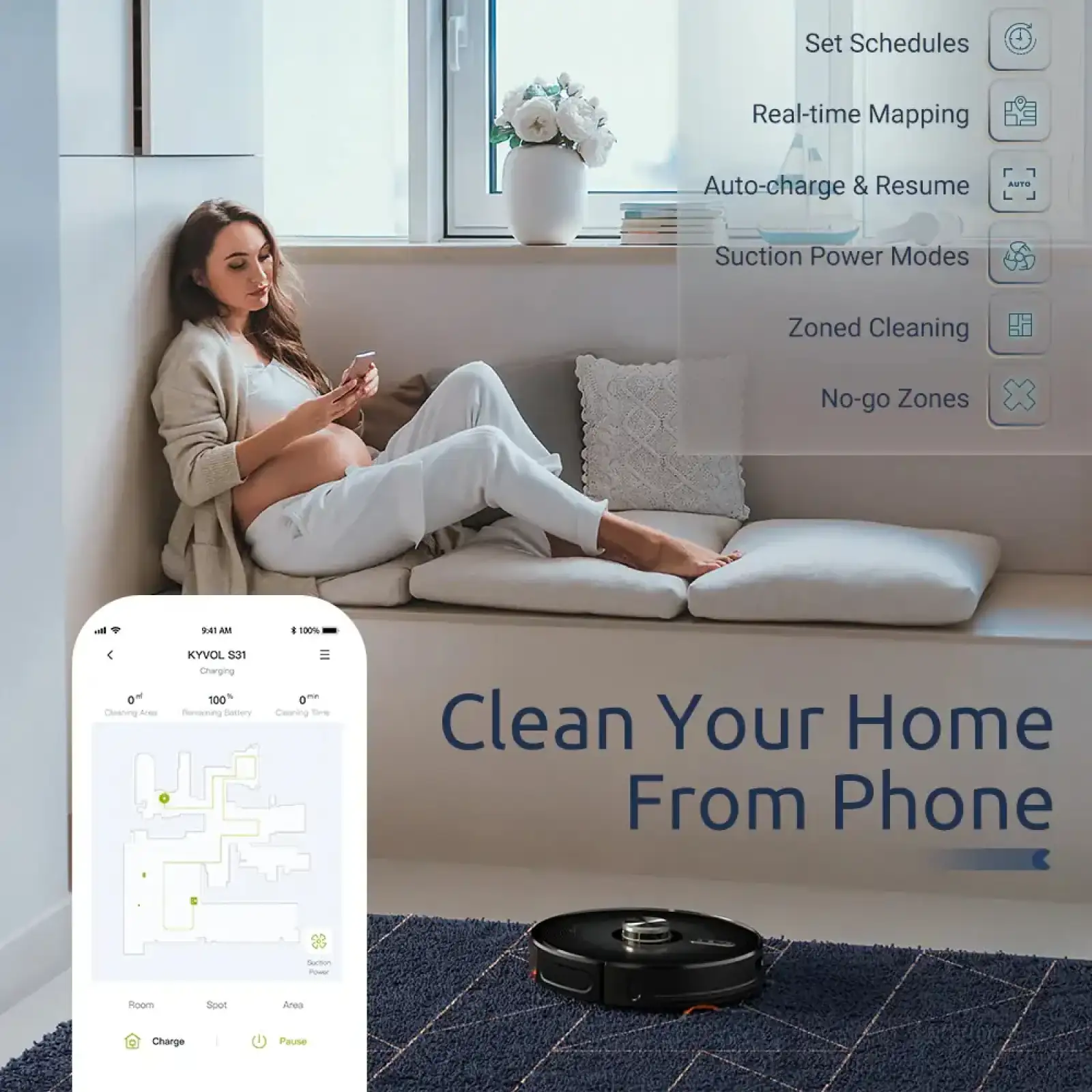 Робот пилосос Kyvol Cybovac S31 Lidar/110ml+500ml/5200 mA/3000 pa/Google Assistant,Amazon Alexa (Kyvol S31)