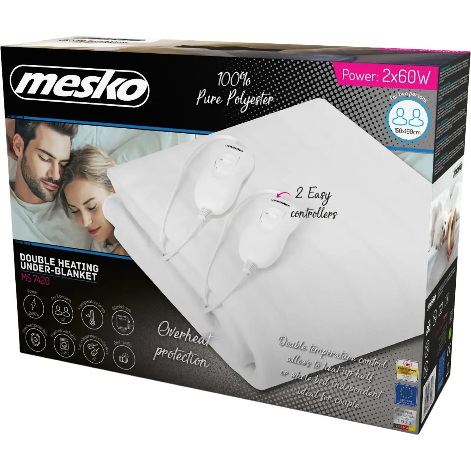 Електропростирадло Mesko MS 7420 двоспальне/ 2х60 Вт/ 150x160/ 4 рівні нагріву/ поліестер/ біла (MS7420) UA