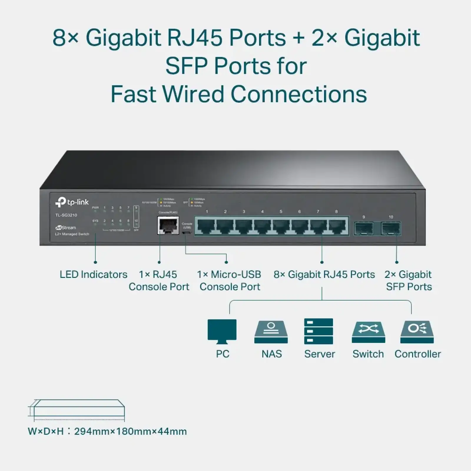 Комутатор TP-Link TL-SG3210, 2xSFP/1000 Мбіт/с, 8x10/100/1000 RJ45 UA