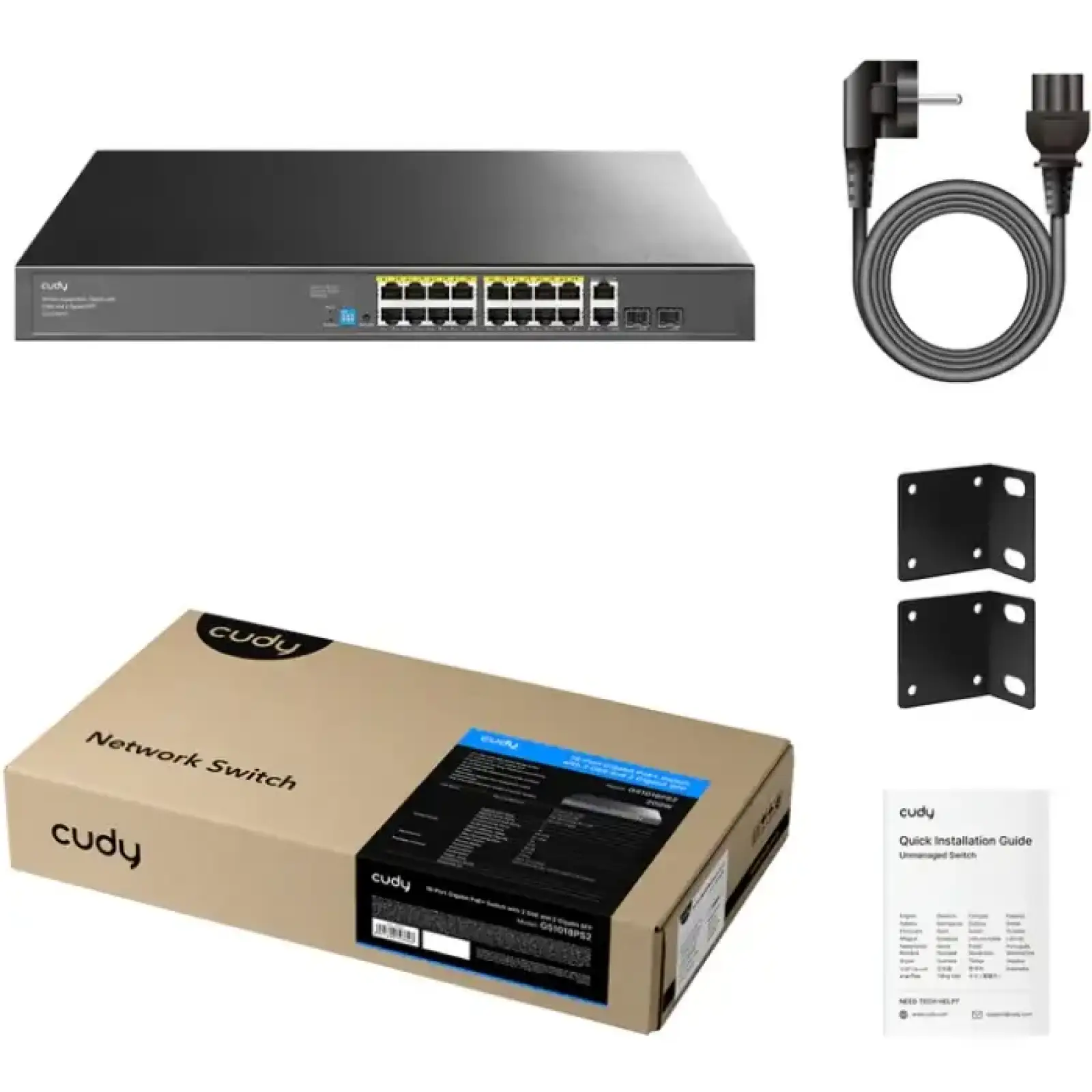 Комутатор Cudy GS1018PS2, 16-Port Gigabit PoE+ Switch with 2 Uplink Gigabit Ports and 2 Gigabit SFP UA
