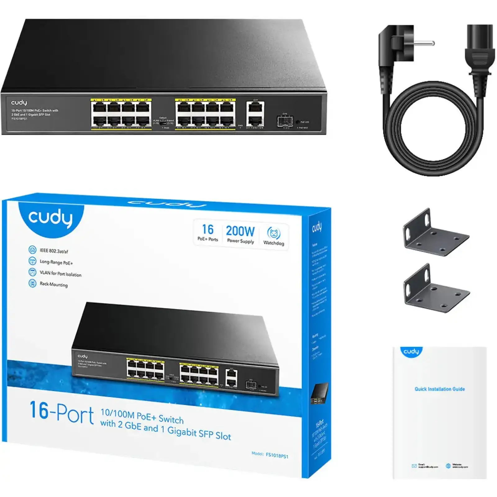 Комутатор Cudy FS1018PS1, 16 порт 10/100M PoE+ Switch with 2 Gigabit Uplink and 1 SFP Port 200W UA