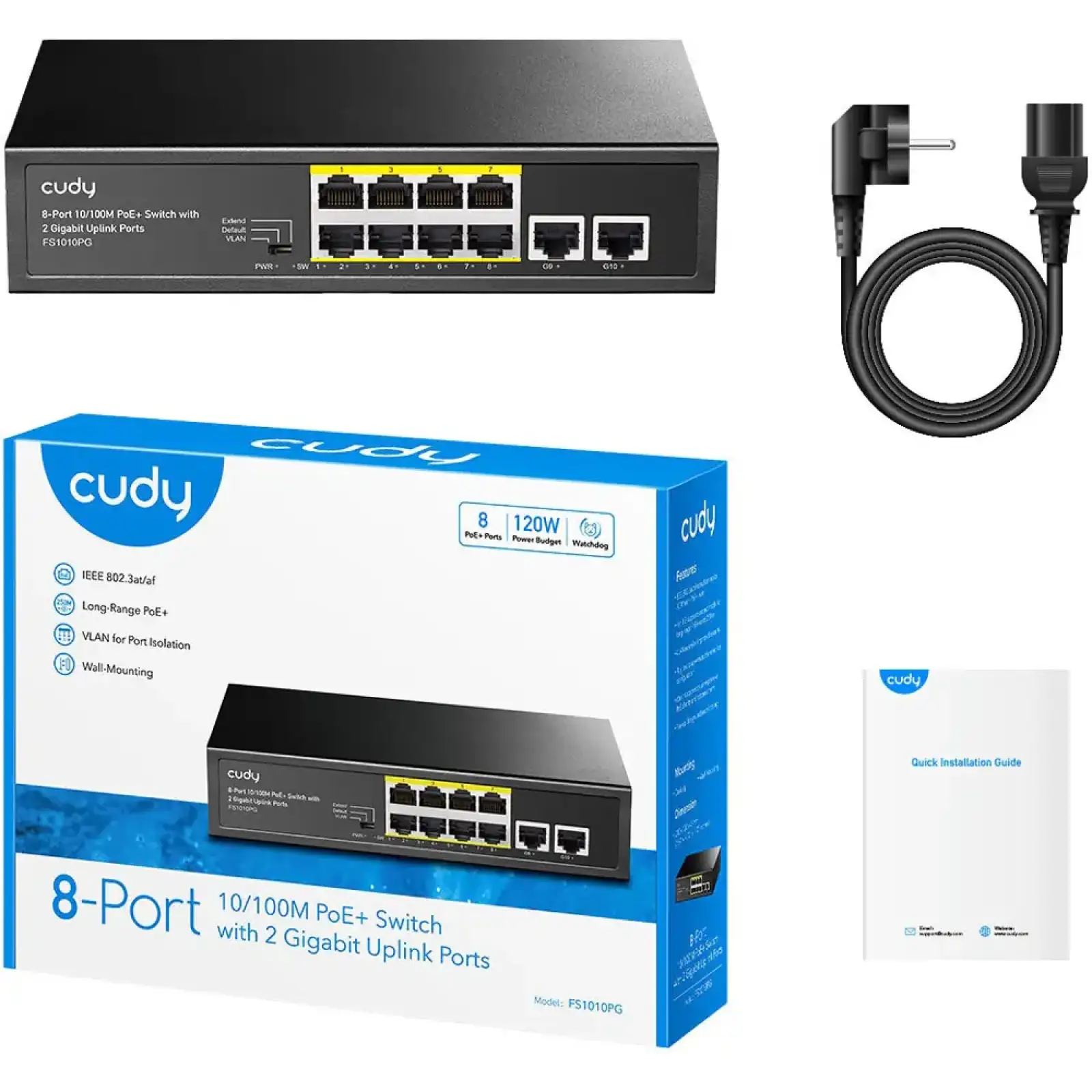 Комутатор Cudy FS1010PG, 8 портовий 10/100M PoE+ Switch with 2 Gigabit Uplink Ports 120W UA
