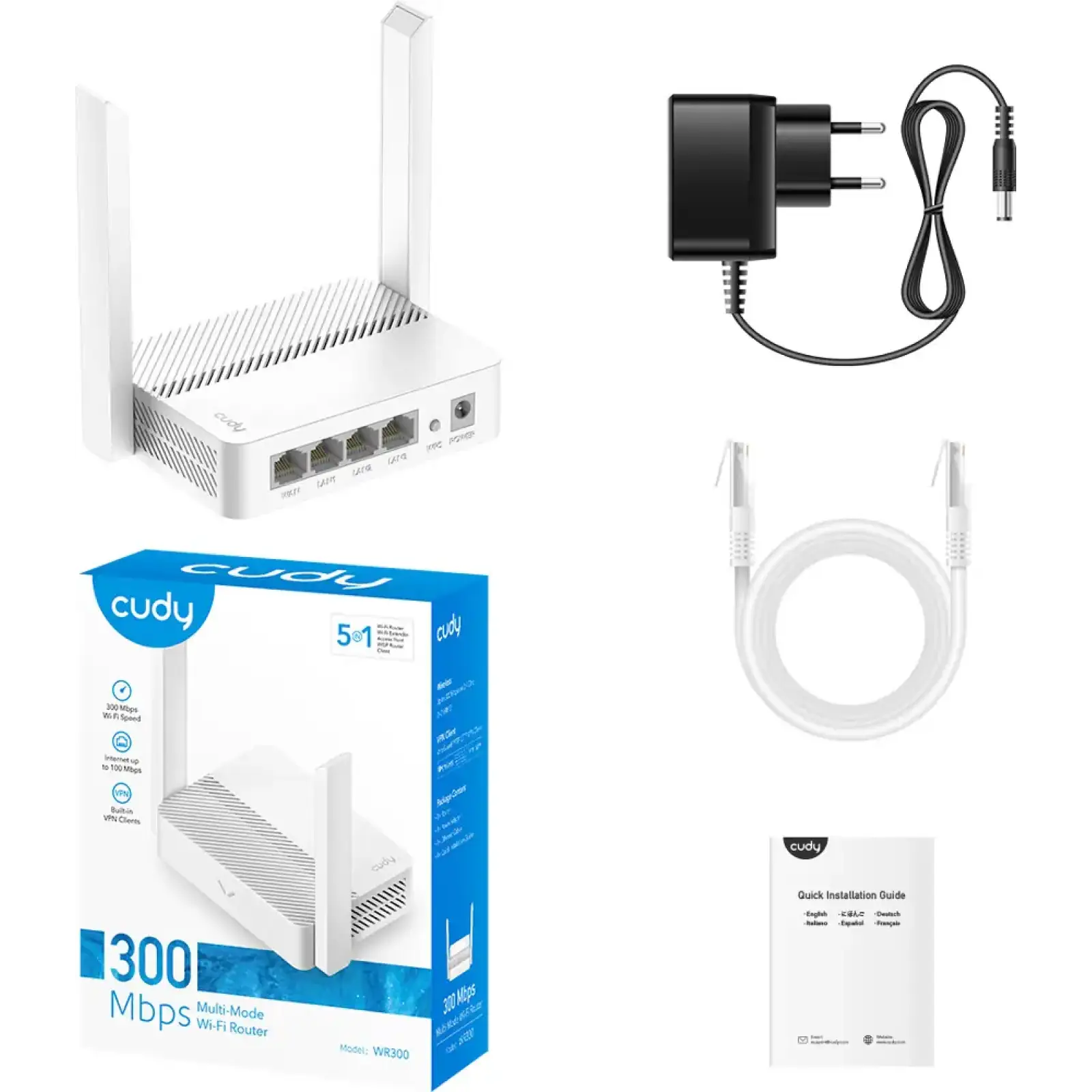 Маршрутизатор Cudy WR300, N300 Wi-Fi Router, 802.11b/g/n,300Mbps, 2.4GHz, 4 × 10/100Mbps Ports, 2 × UA