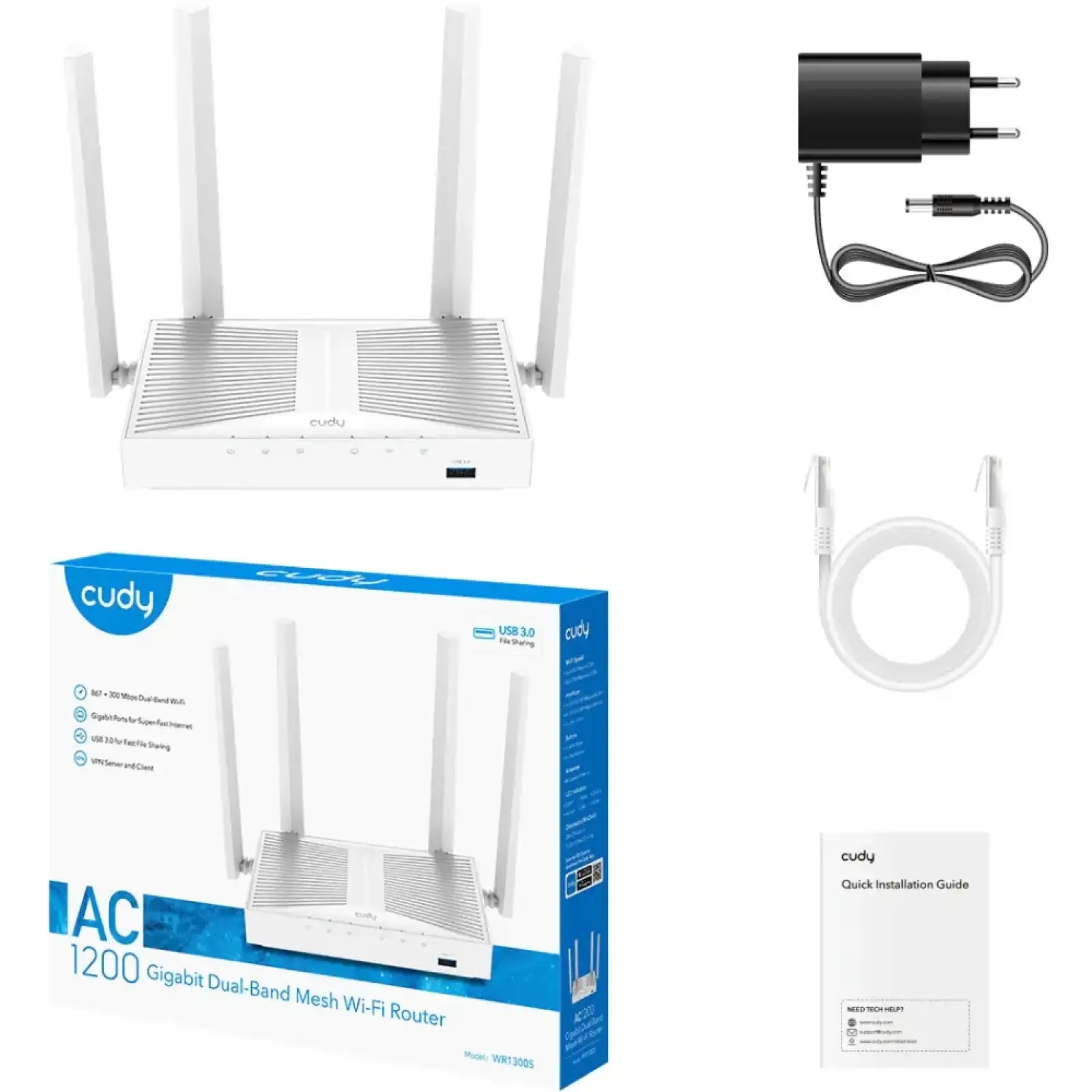 Маршрутизатор Cudy WR1300S, AC1200 Gigabit Wi-Fi Mesh Router with USB UA