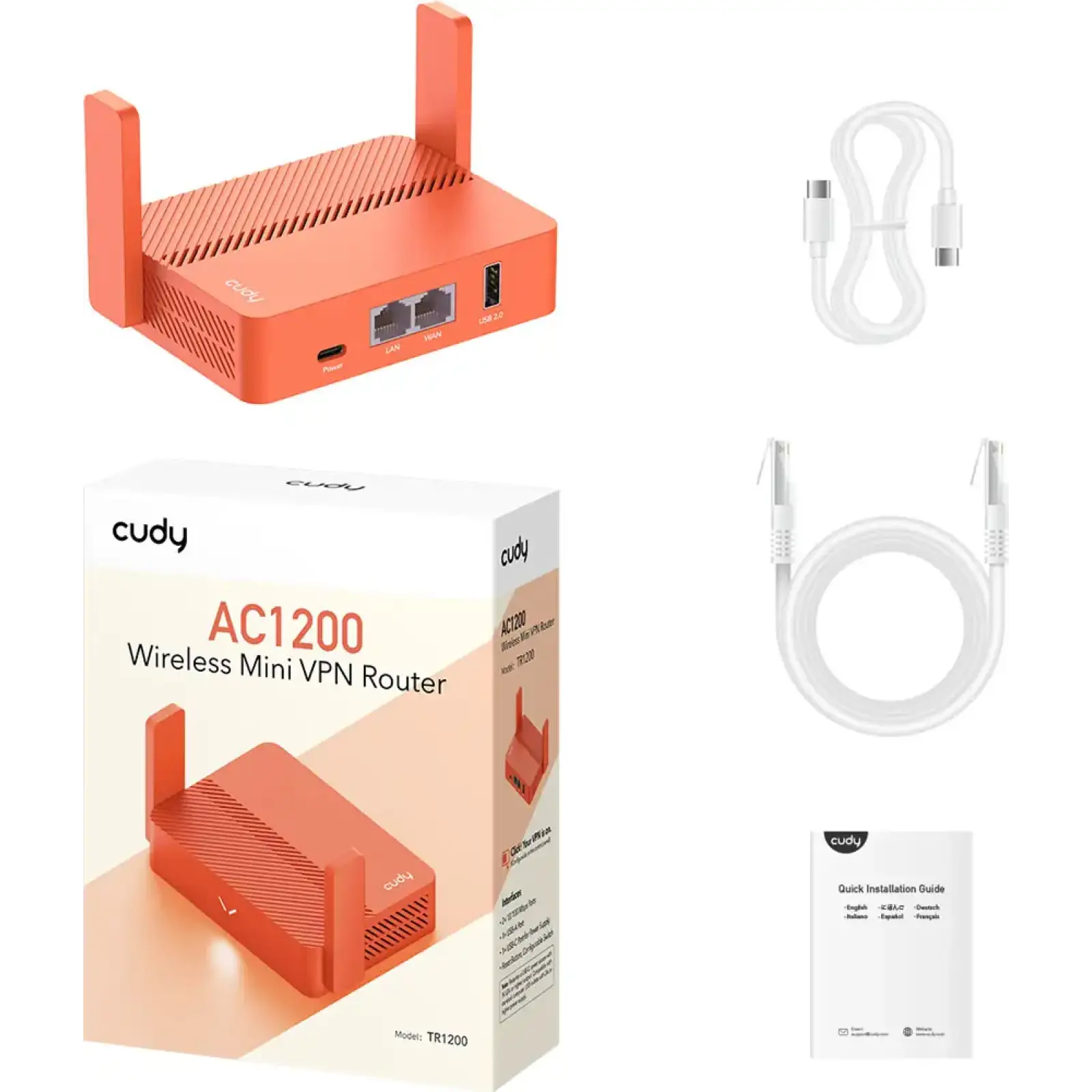 Маршрутизатор Cudy TR1200, AC1200 Wi-Fi Mesh Router w USB, 2×10/100Mbps RJ45, USB Type-C power in. UA
