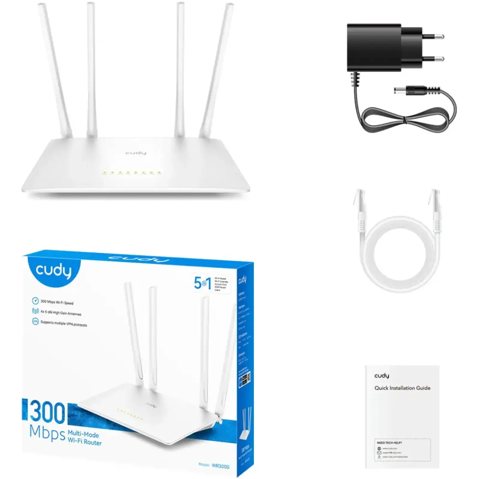 Маршрутизатор Cudy WR300S, Wi-Fi, 802.11b/g/n, 300Mbps 2.4GHz, 5×10/100Mbps, 4×5dBi an, WiFi, IPv6 UA