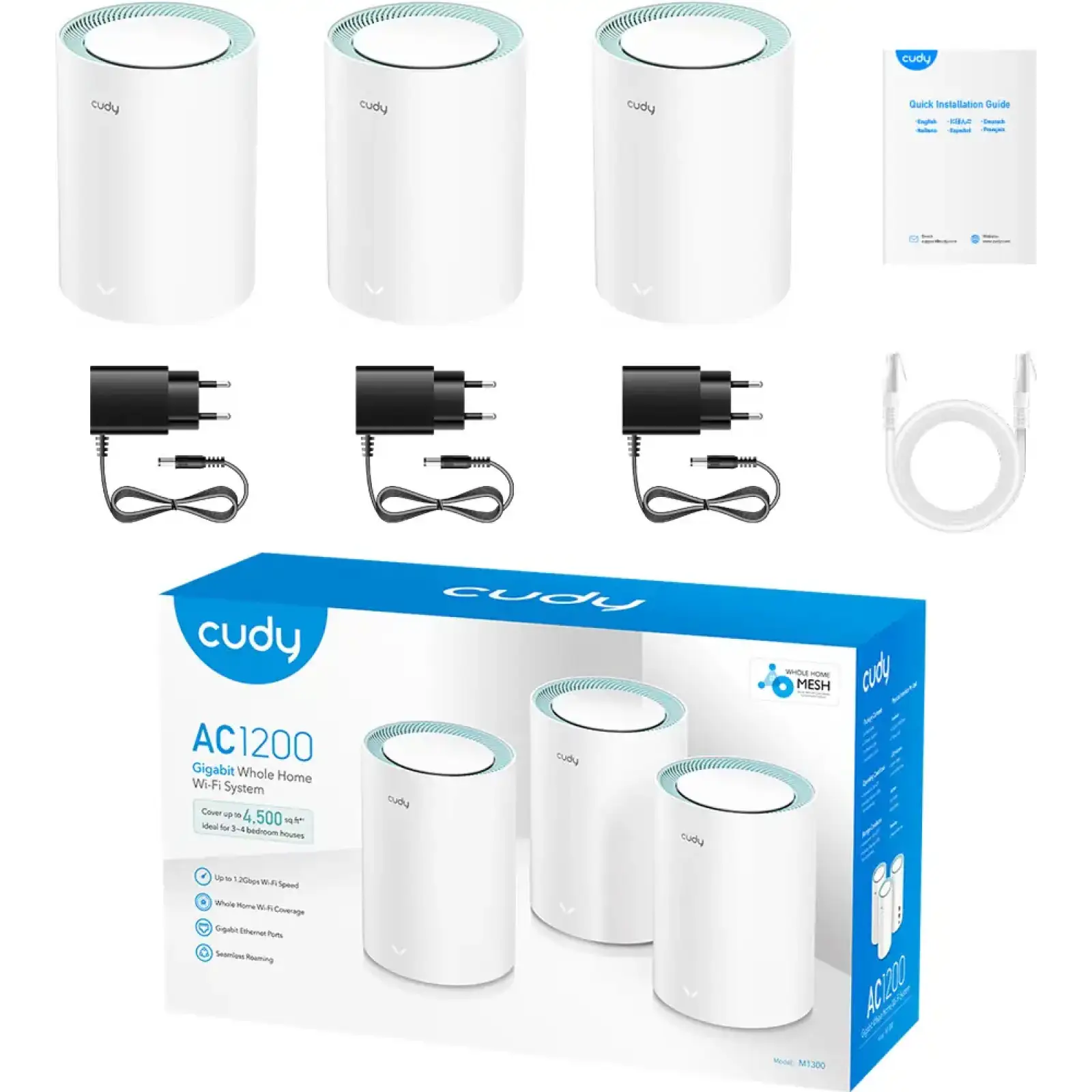 Система WiFi Cudy M1300(3-pack), AC1200 Wi-Fi Gigabit Mesh Solution UA