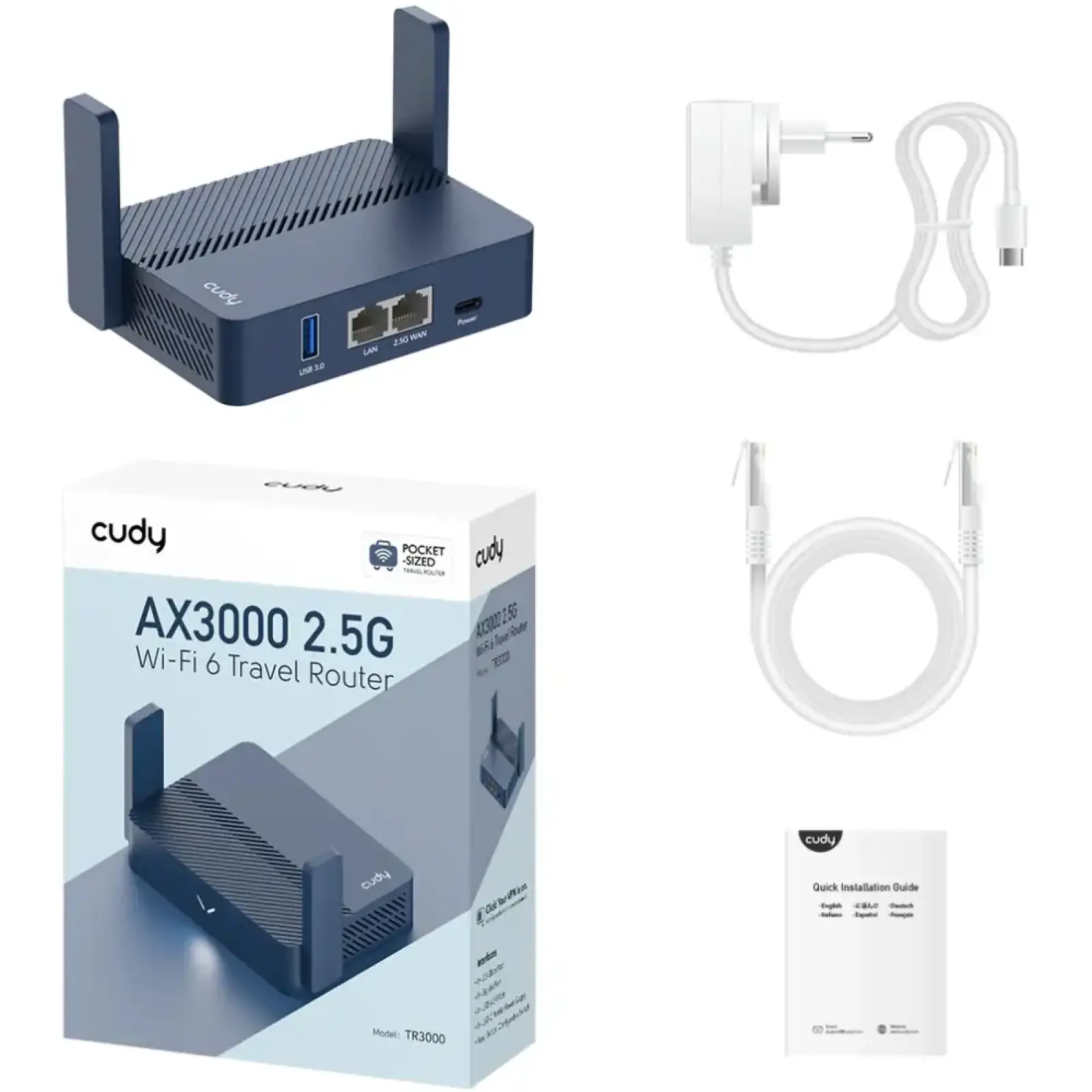 Маршрутизатор Cudy TR3000, AX3000 2.5G Wi-Fi 6 Router w USB, 2×1000Mbps RJ45, USB Type-C power in. UA