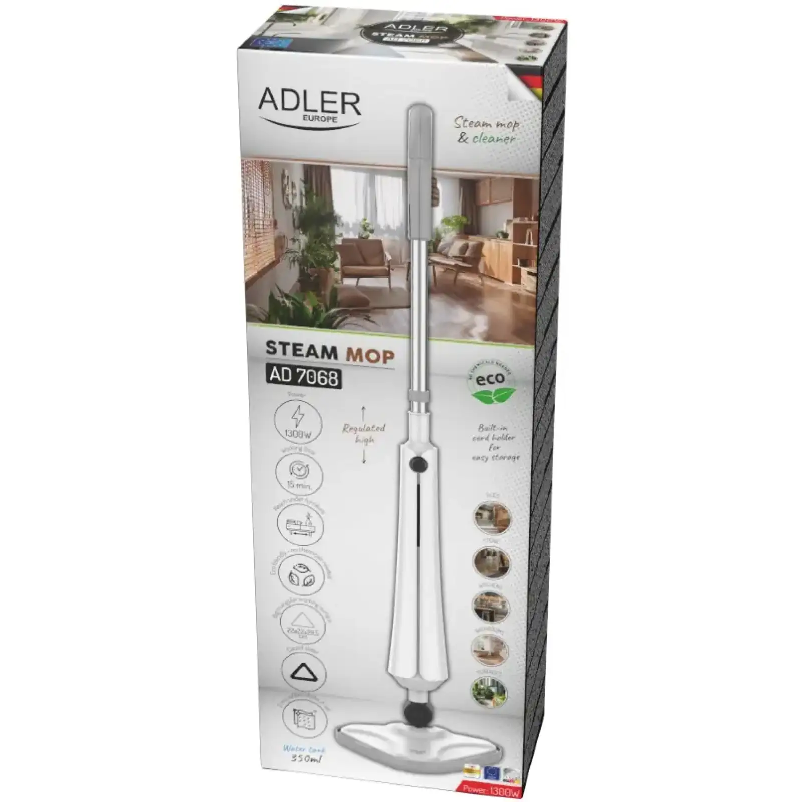 Парова швабра Adler AD 7068 1300Вт/ 350мл/ 23 г/хв/ біла (AD7068) UA