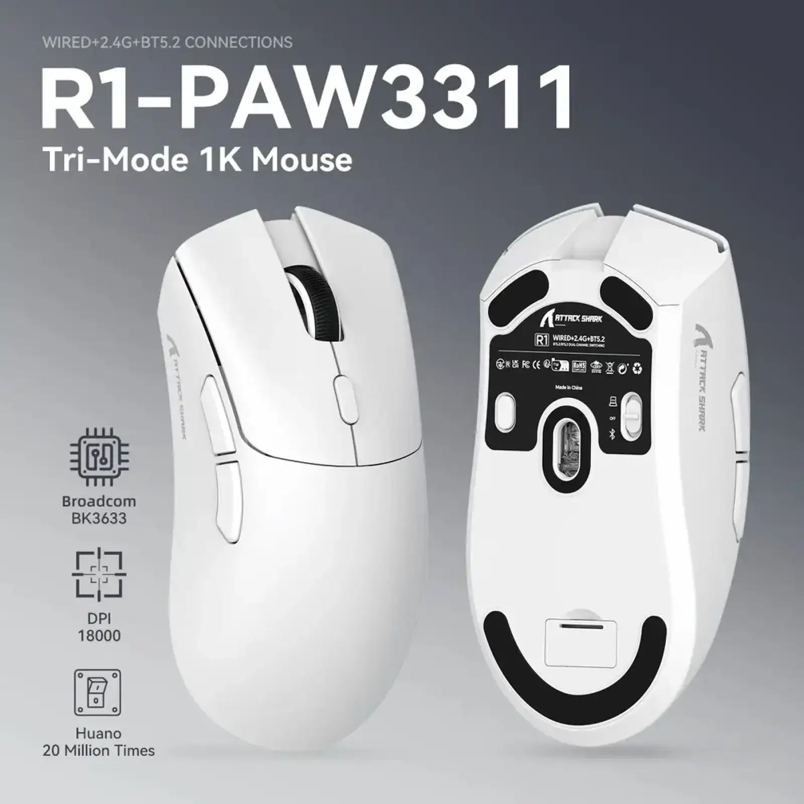 Мишка Attack Shark R1, Wireless/Bluetooth, 18000dpi, (PAW3311), 6кн., White (R1W_AS) UA