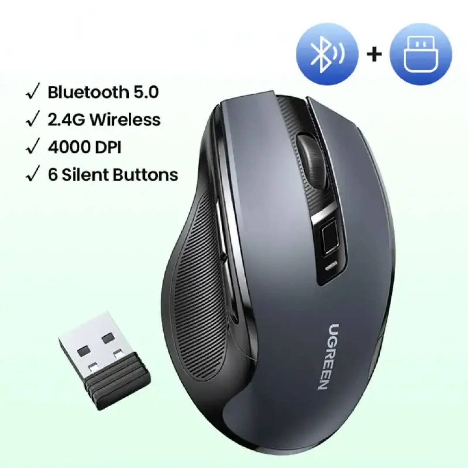 Мишка UGREEN 2.4GHz MU006, бездротова, Bluetooth, 4000dpi., 4кн.,Silence Design, Сіра (90855) UA