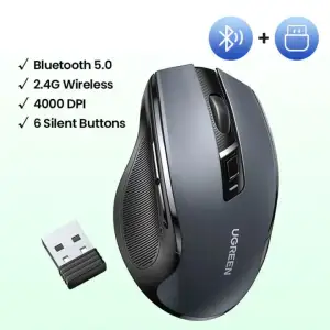 Мишка UGREEN 2.4GHz MU006, бездротова, Bluetooth, 4000dpi., 4кн.,Silence Design, Сіра (90855) UA