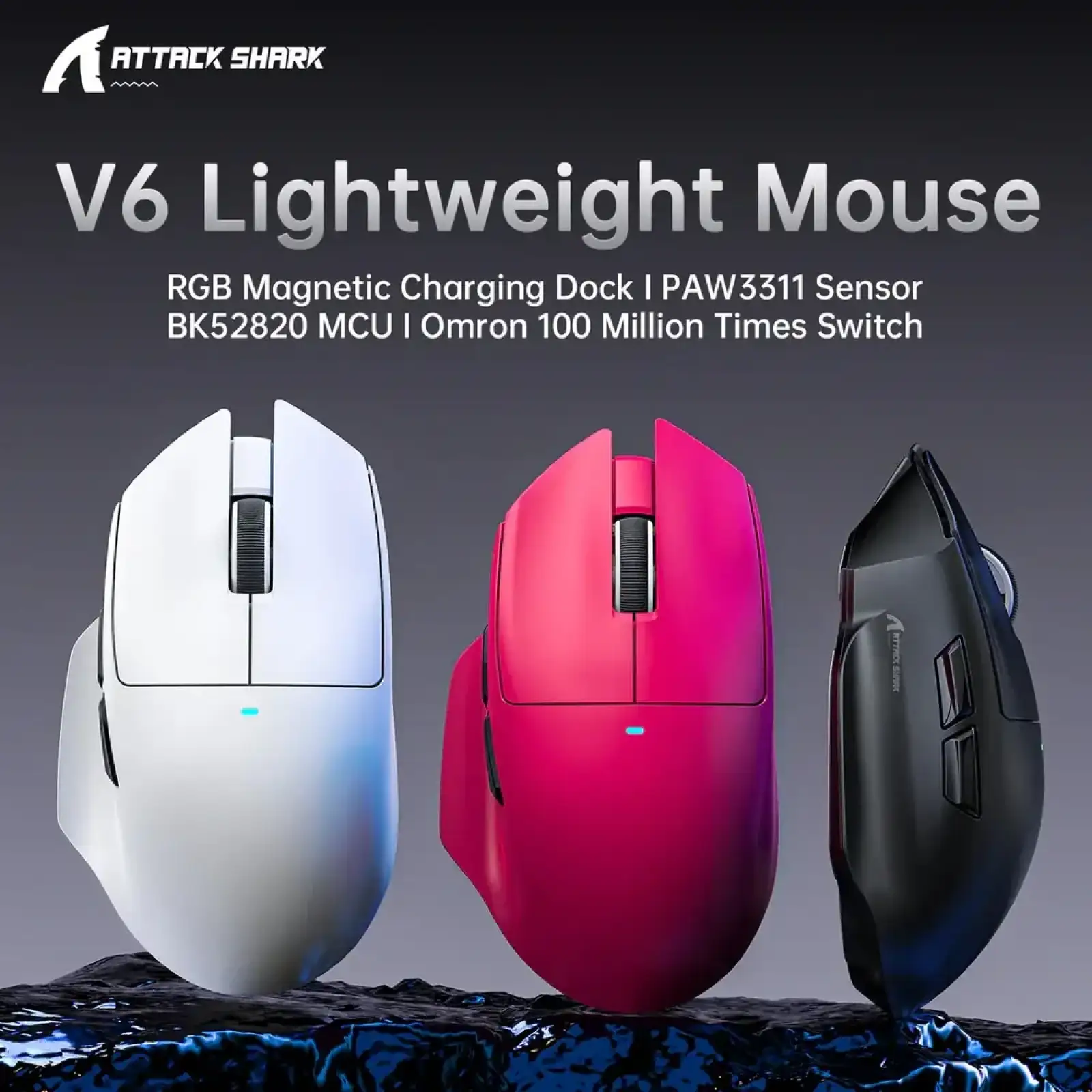 Мишка Attack Shark V6 Ultra-Light, Wireless/Bluetooth, 25000dpi. (PAW3311), 7кн., Black (V6B_AS) UA