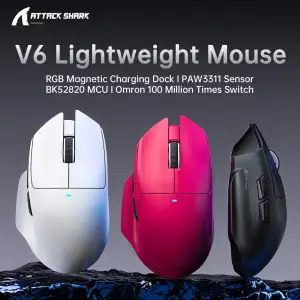 Мишка Attack Shark V6 Ultra-Light, Wireless/Bluetooth, 25000dpi. (PAW3311), 7кн., Black (V6B_AS) UA