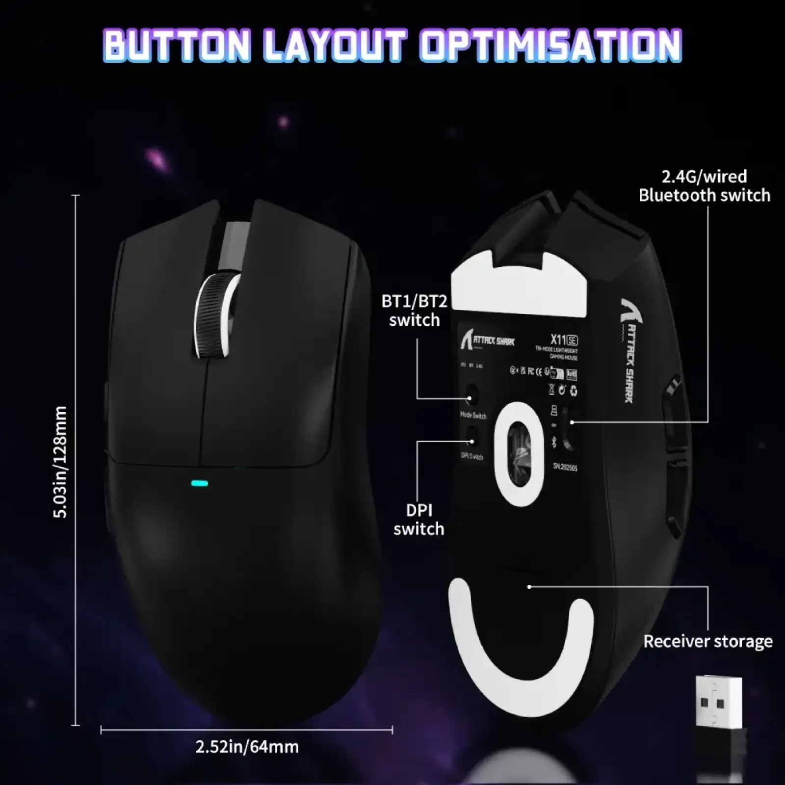 Мишка Attack Shark X11SE, Wireless//Bluetooth, 22000dpi. (PAW3311), 6кн., Black (X11SEB_AS) UA