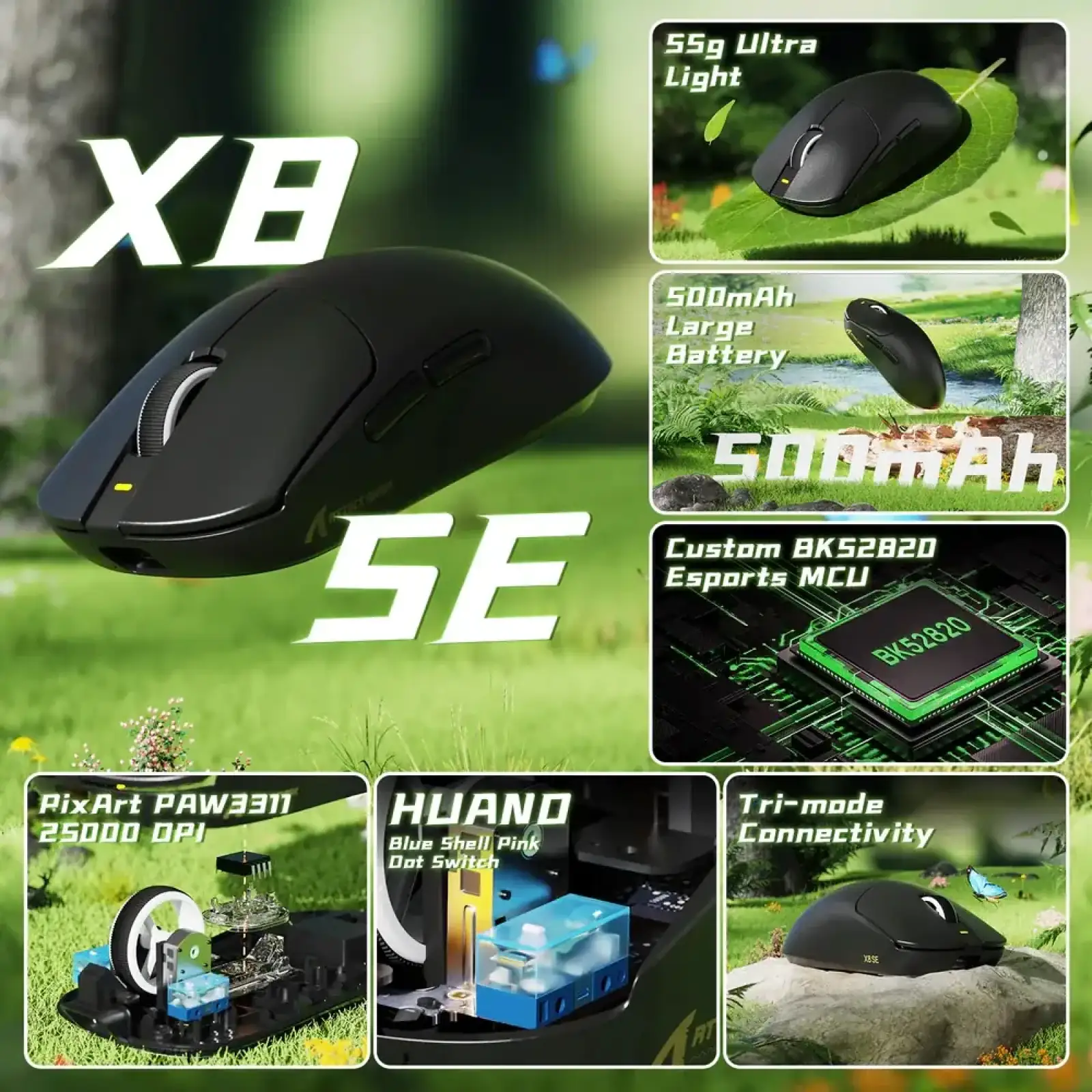 Мишка Attack Shark X8 SE, Wireless/Bluetooth, 25000dpi. (PAW3311), 6кн., Black (X8SEB_AS) UA